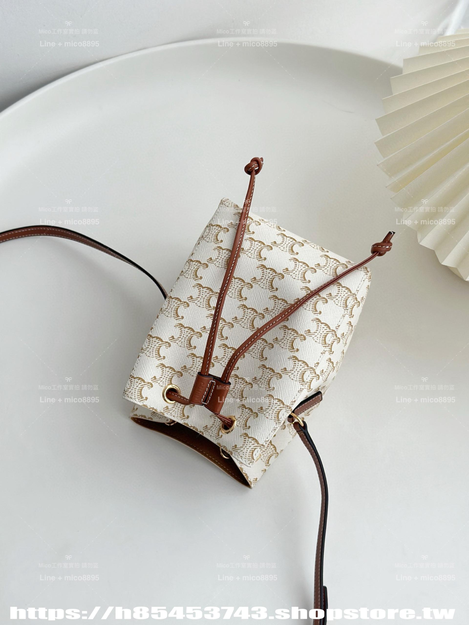 CELINE 精緻小巧燒賣包 白色/棕色 抽繩包/水桶包/17.5cm