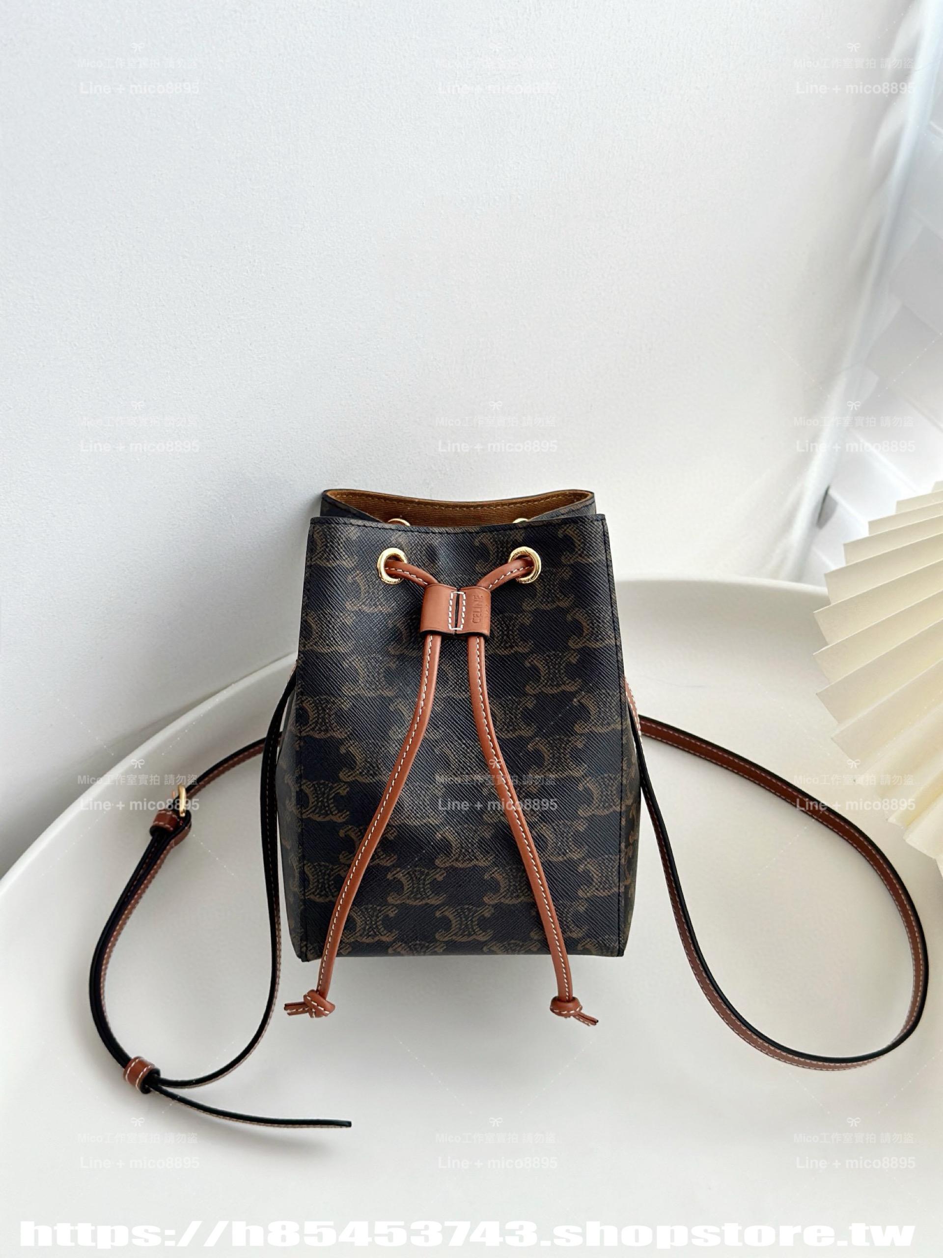 CELINE 精緻小巧燒賣包 白色/棕色 抽繩包/水桶包/17.5cm