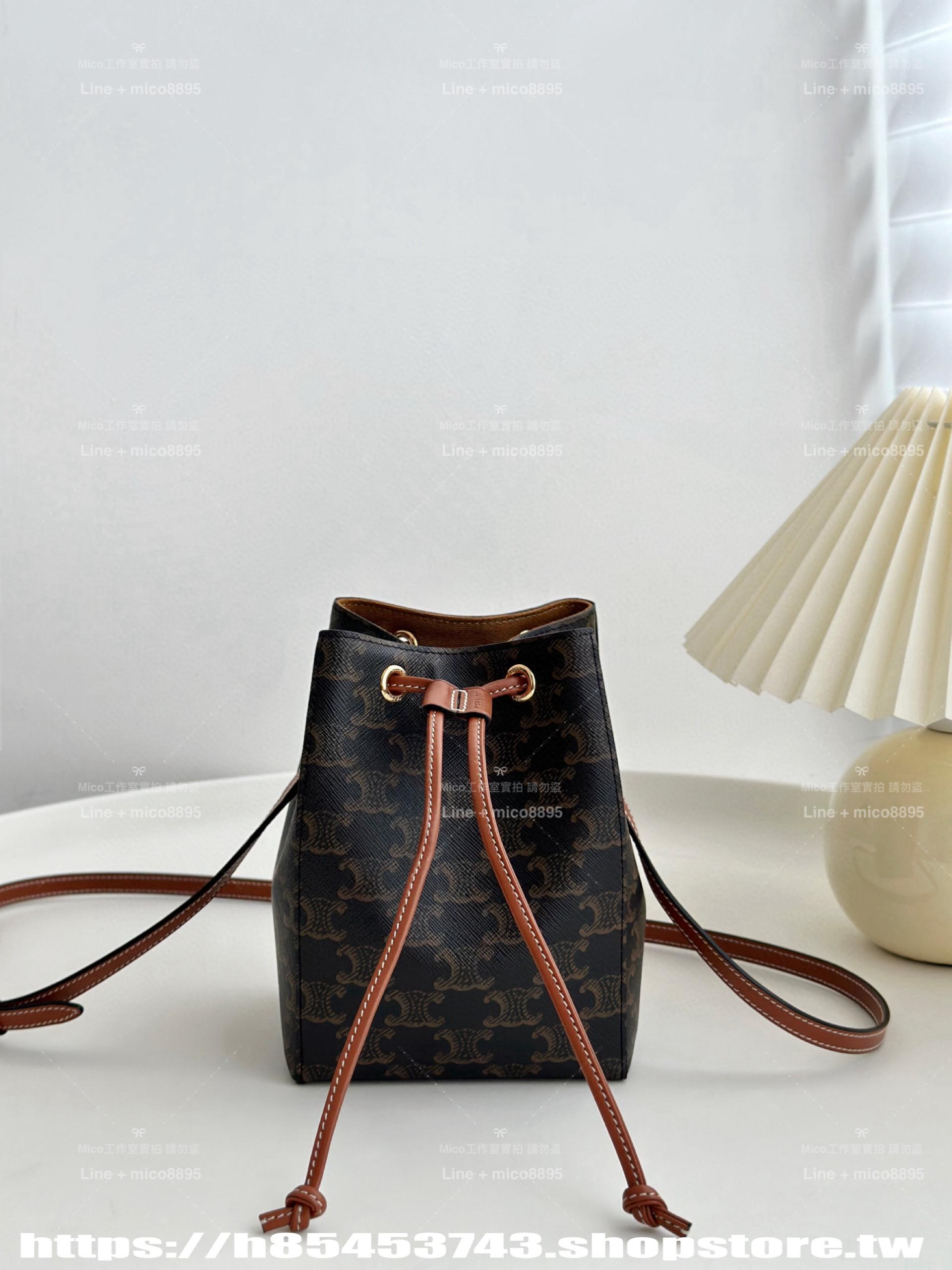 CELINE 精緻小巧燒賣包 白色/棕色 抽繩包/水桶包/17.5cm
