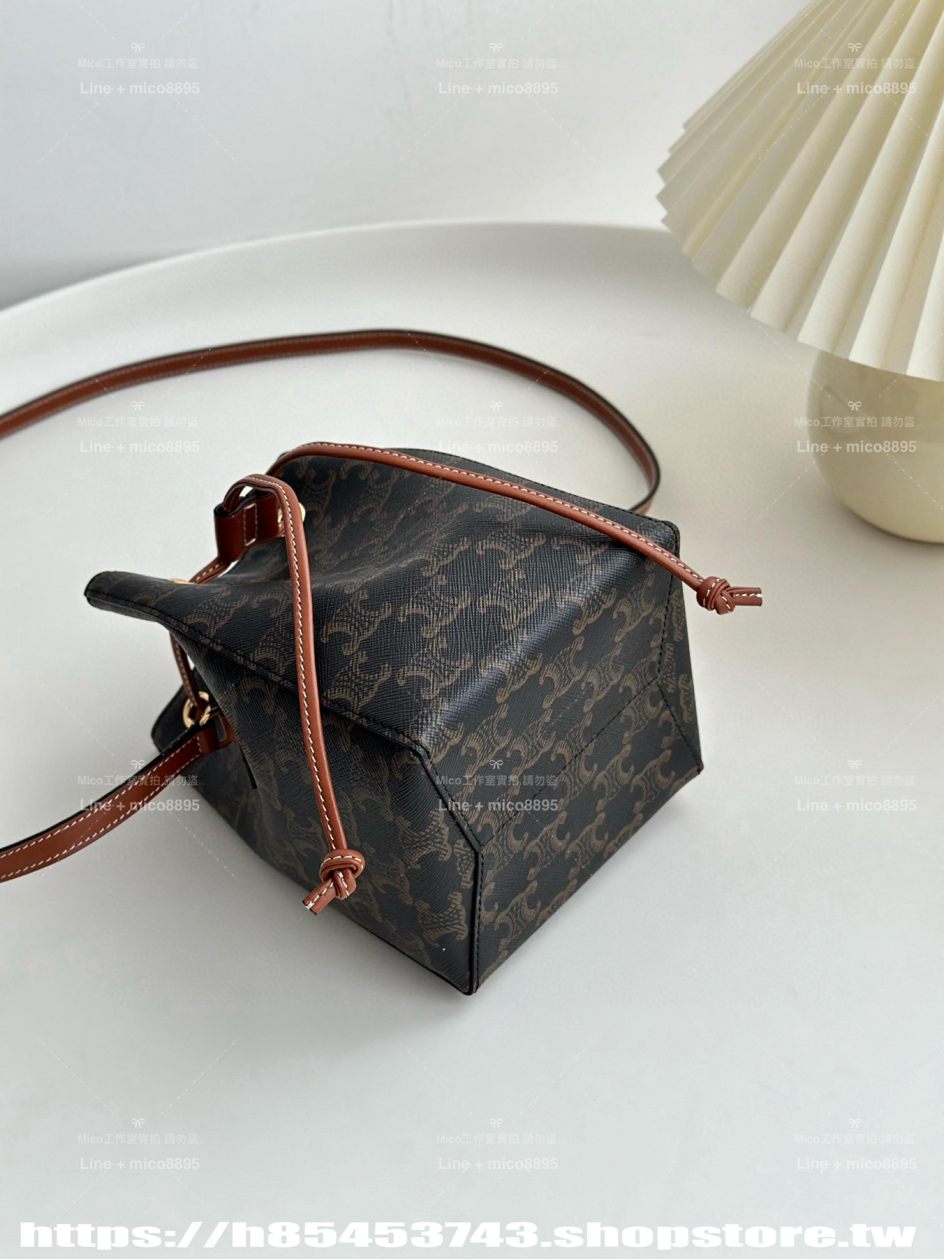 CELINE 精緻小巧燒賣包 白色/棕色 抽繩包/水桶包/17.5cm