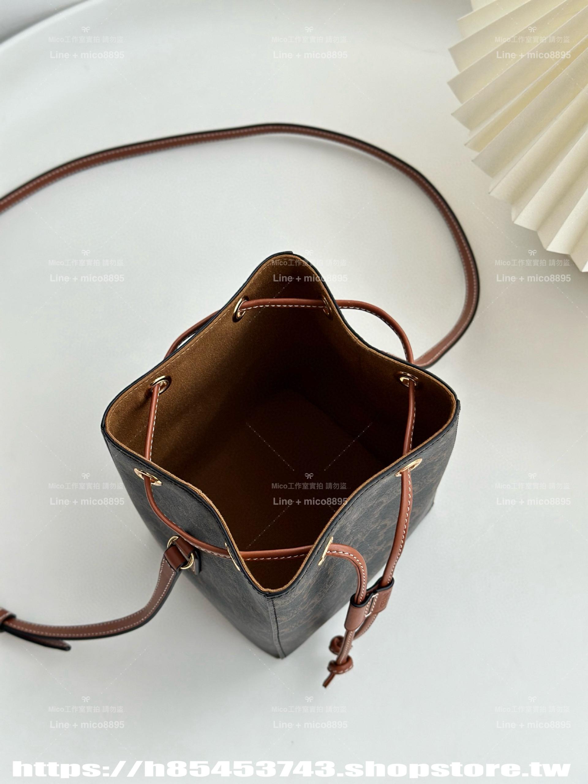 CELINE 精緻小巧燒賣包 白色/棕色 抽繩包/水桶包/17.5cm