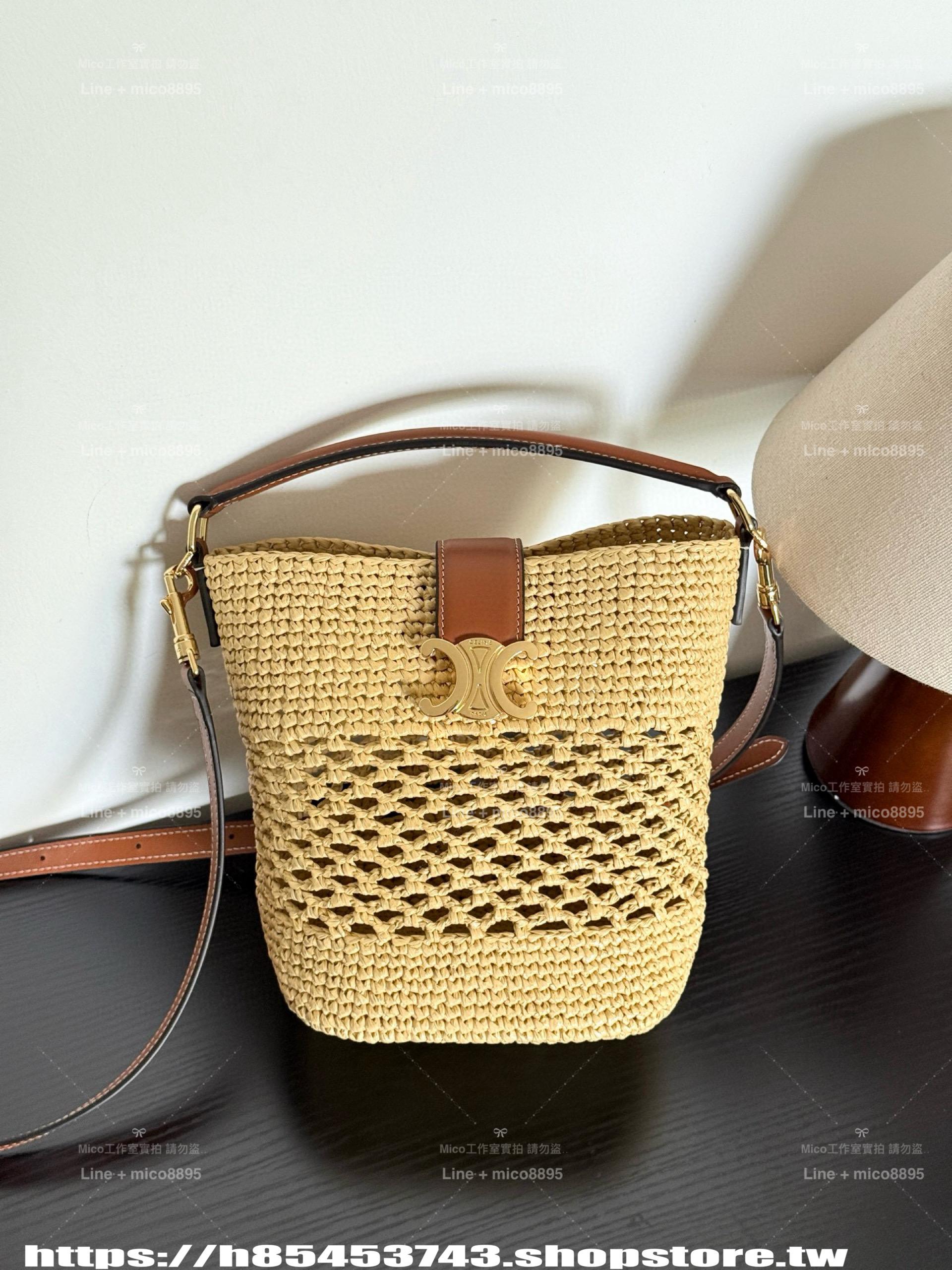 CELINE 夏日度假風系列 草編款 Louise水桶包 可手提與斜挎 19cm