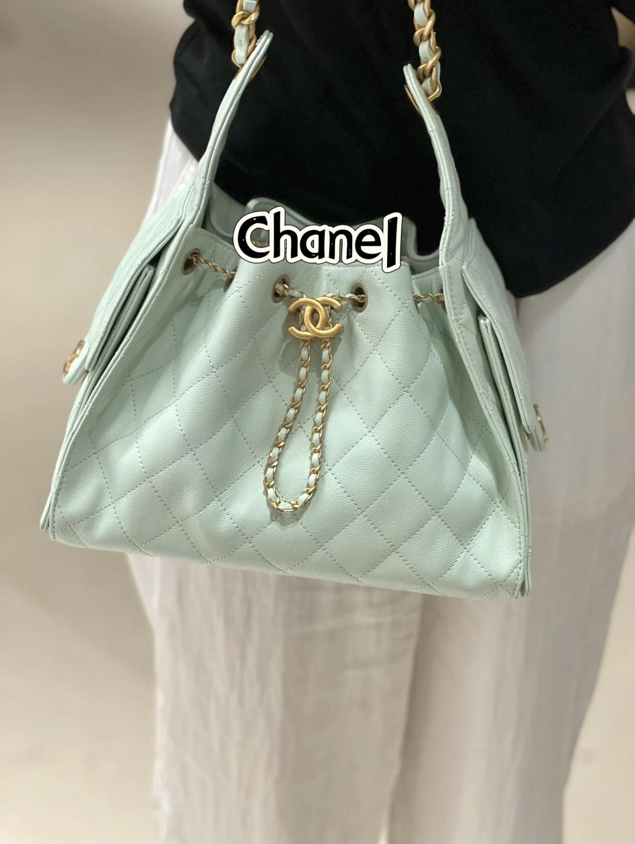 CHANEL 25c 小號 25Bag 薄荷綠 魚子醬牛皮金釦水桶包/抽繩肩背包 26cm