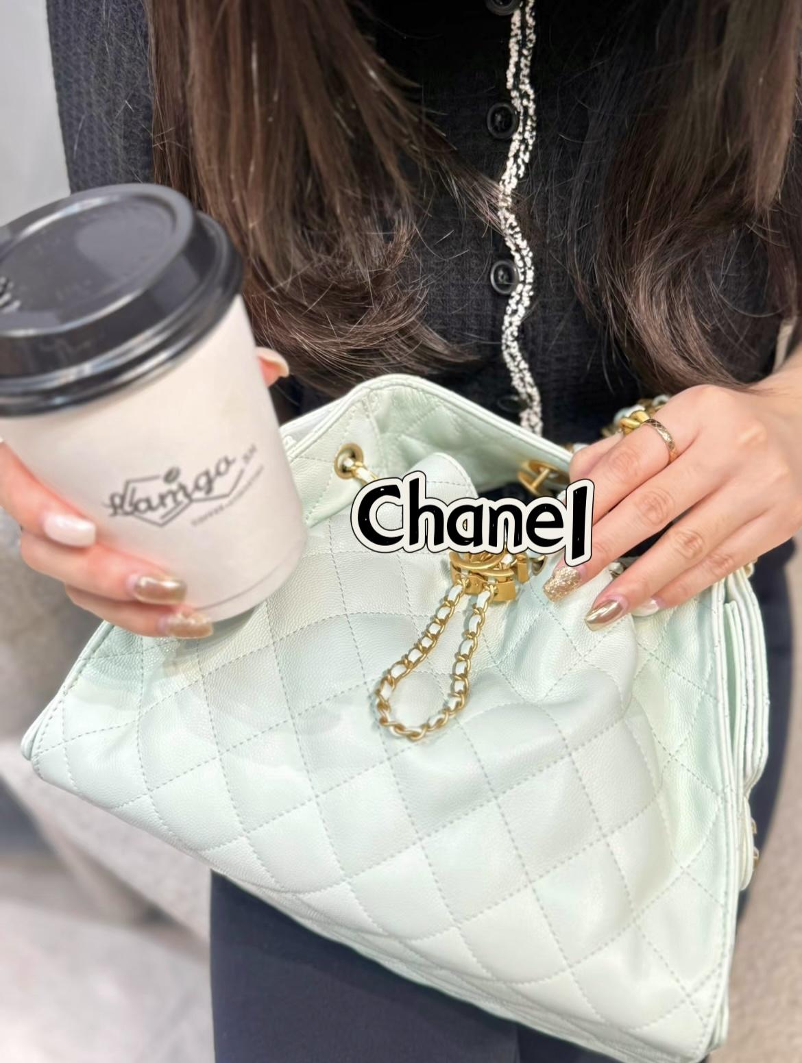 CHANEL 25c 小號 25Bag 薄荷綠 魚子醬牛皮金釦水桶包/抽繩肩背包 26cm