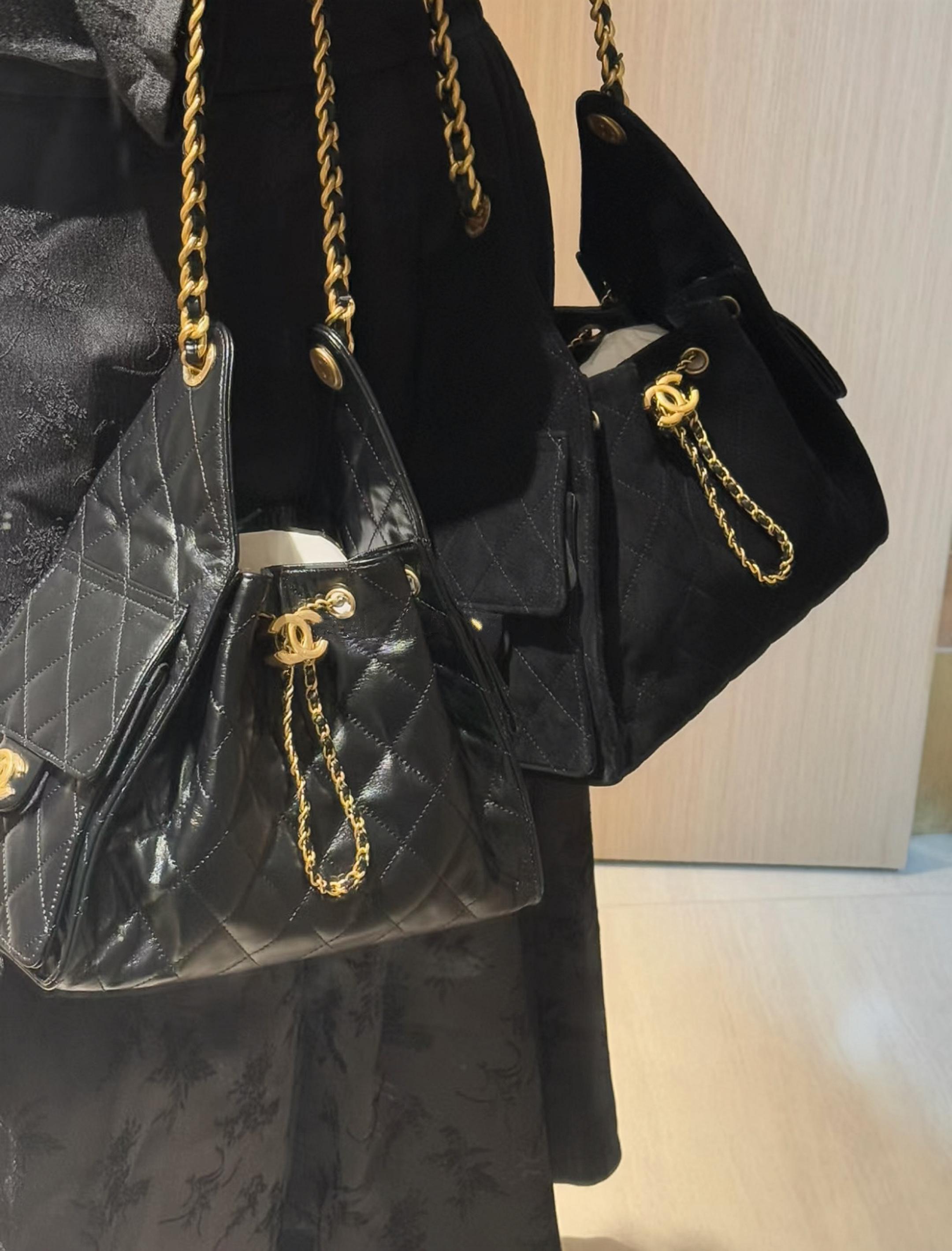 CHANEL 25c 小號 25Bag 黑色麂皮水桶包/抽繩肩背包 26cm