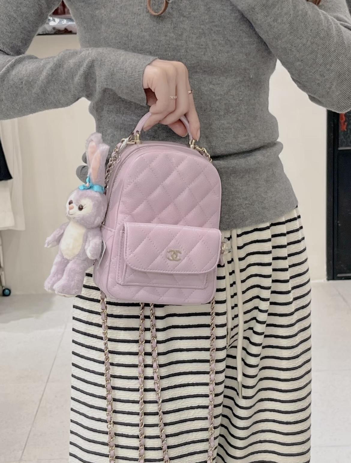 CHANEL 魚子醬粒面牛皮 限量季節色 粉紫色 MINI小書包 雙肩包 18cm