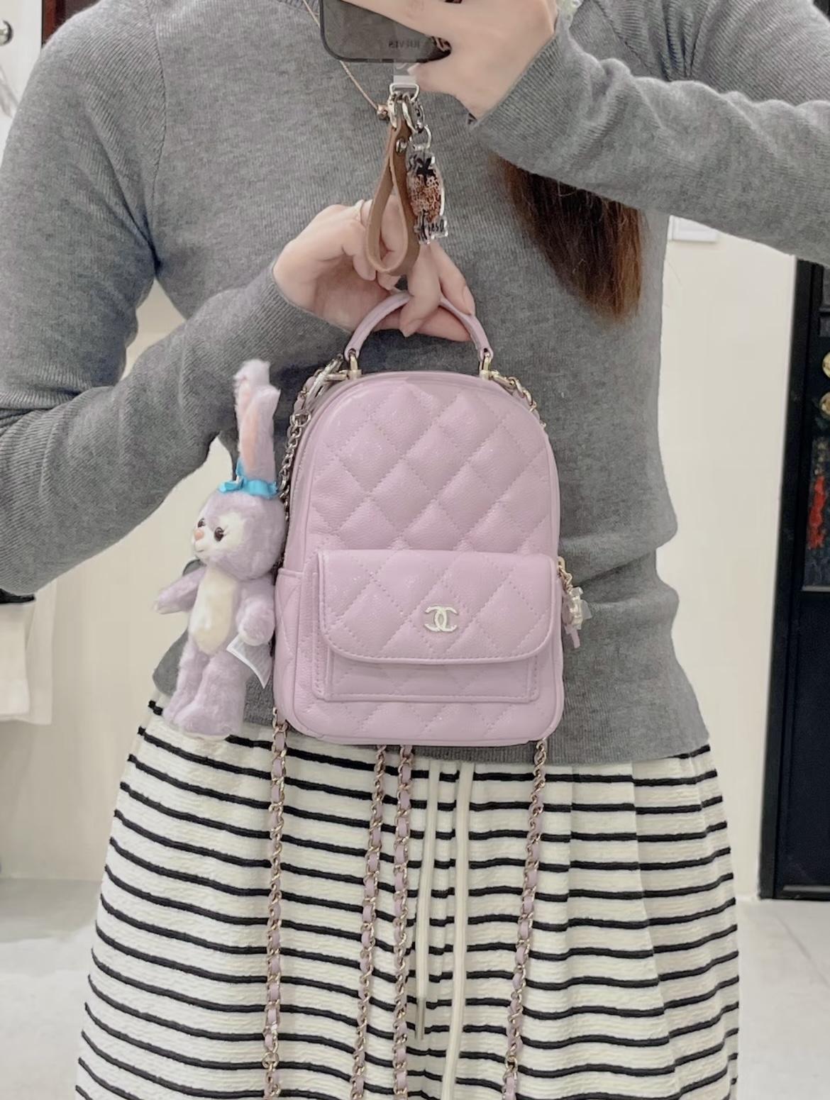 CHANEL 魚子醬粒面牛皮 限量季節色 粉紫色 MINI小書包 雙肩包 18cm