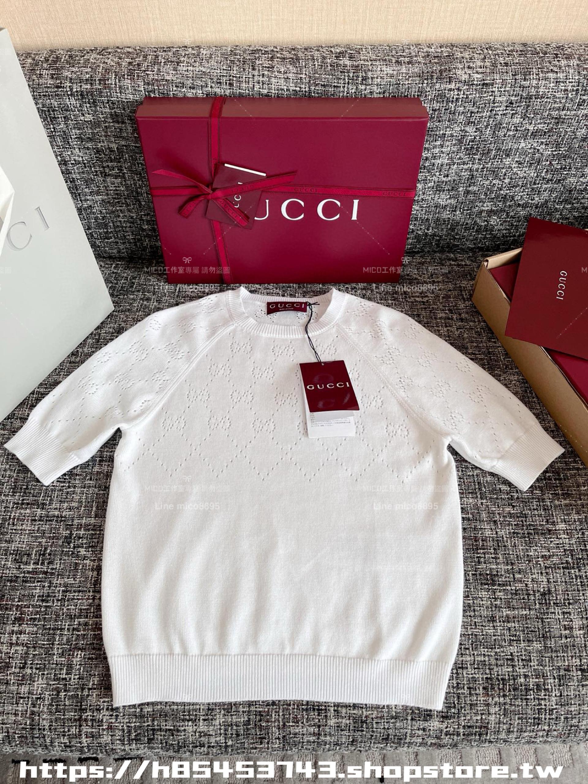 Gucci 古馳 25早春 百搭白色鏤空針織短袖