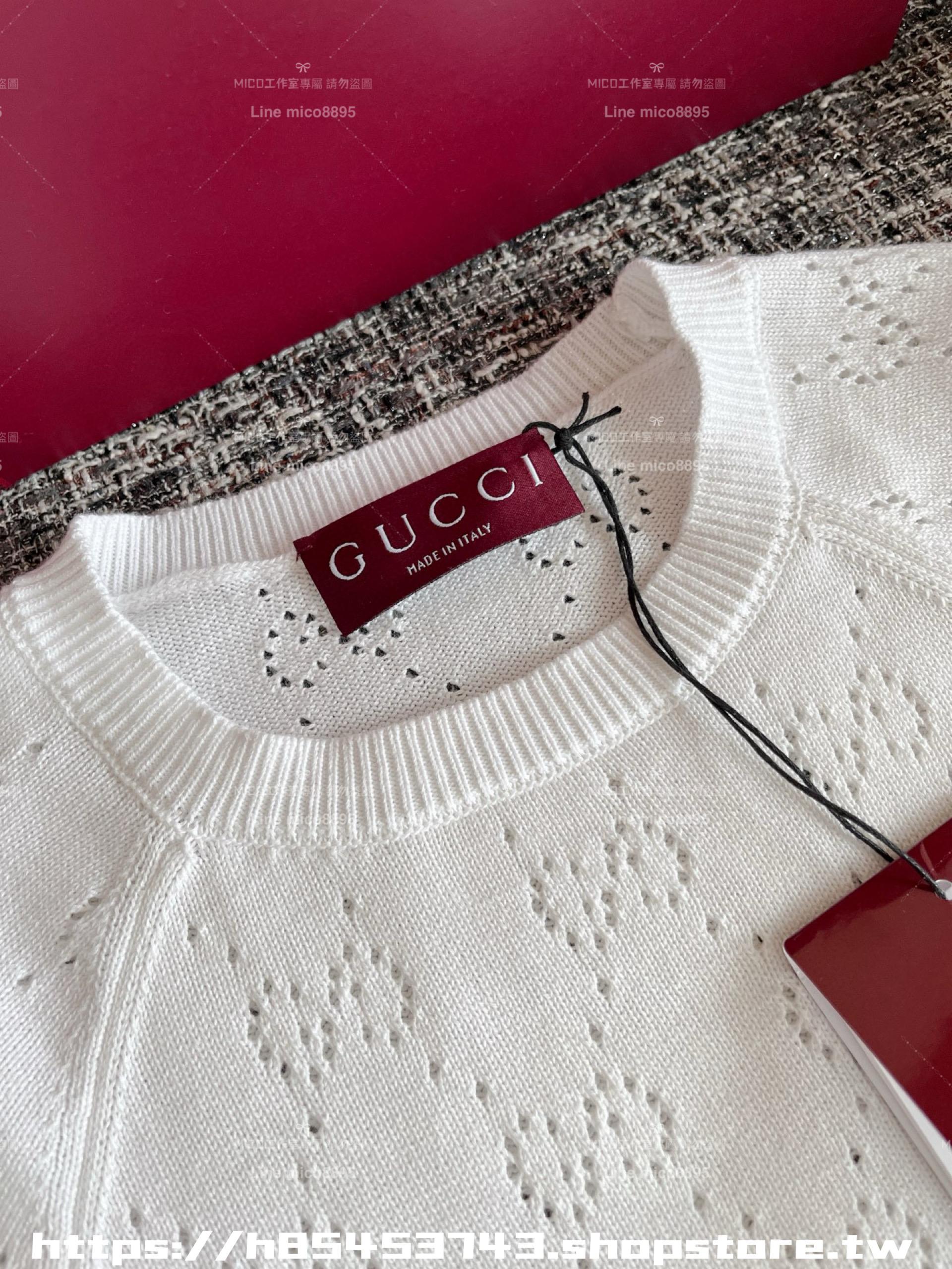 Gucci 古馳 25早春 百搭白色鏤空針織短袖