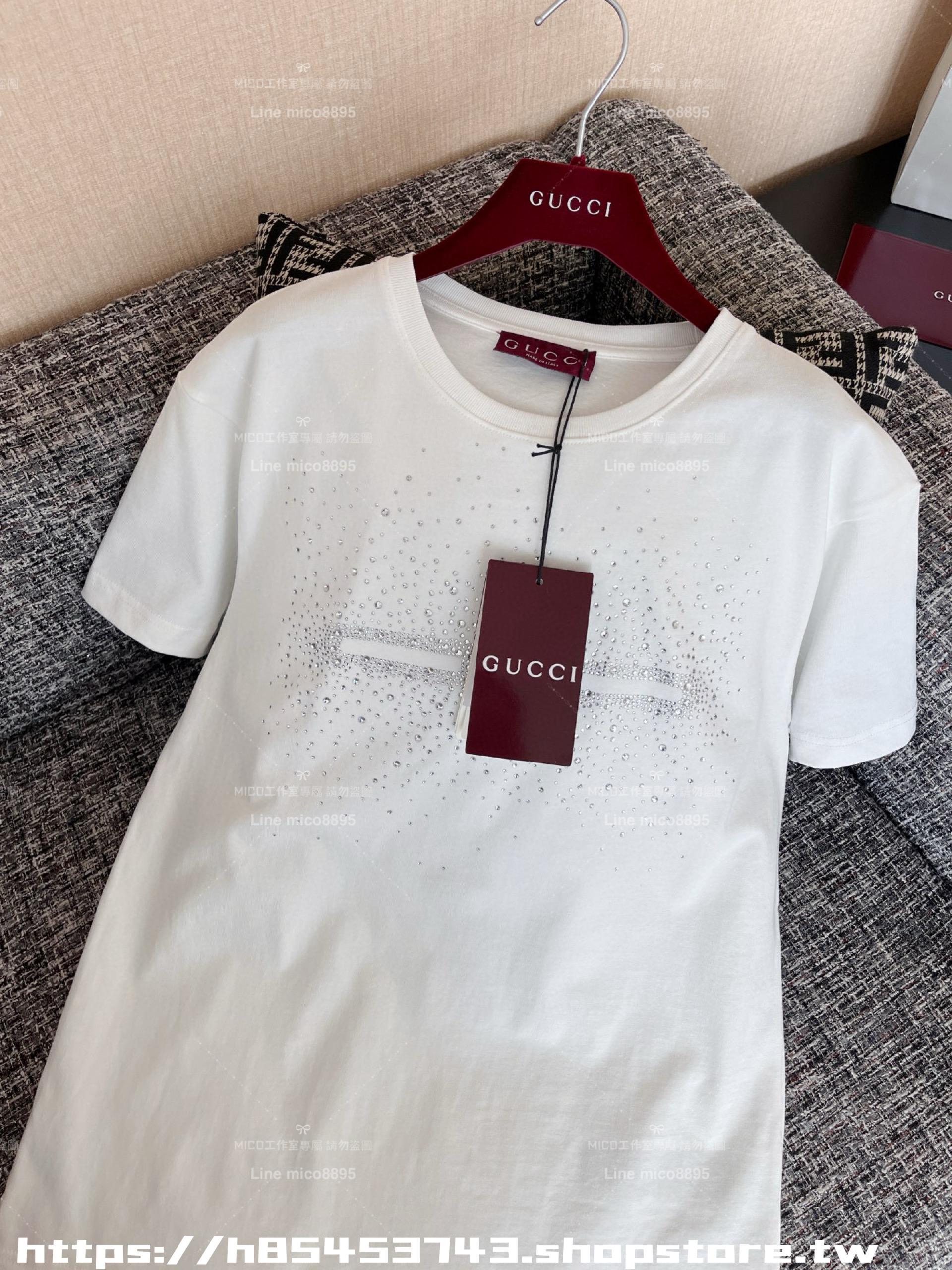Gucci 古馳 25 早春基礎款 燙鑽字母白色素T短袖