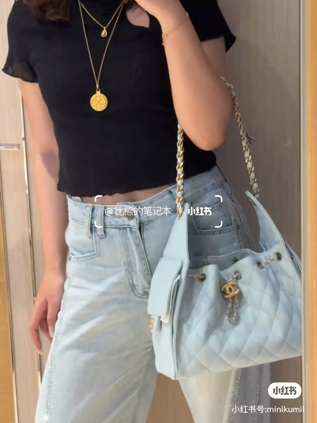 CHANEL 25c 小號 25Bag 冰藍色 魚子醬牛皮金釦水桶包/抽繩肩背包 26cm