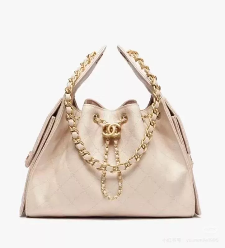 CHANEL 25c 小號 25Bag 奶茶色 魚子醬牛皮金釦水桶包/抽繩肩背包 26cm