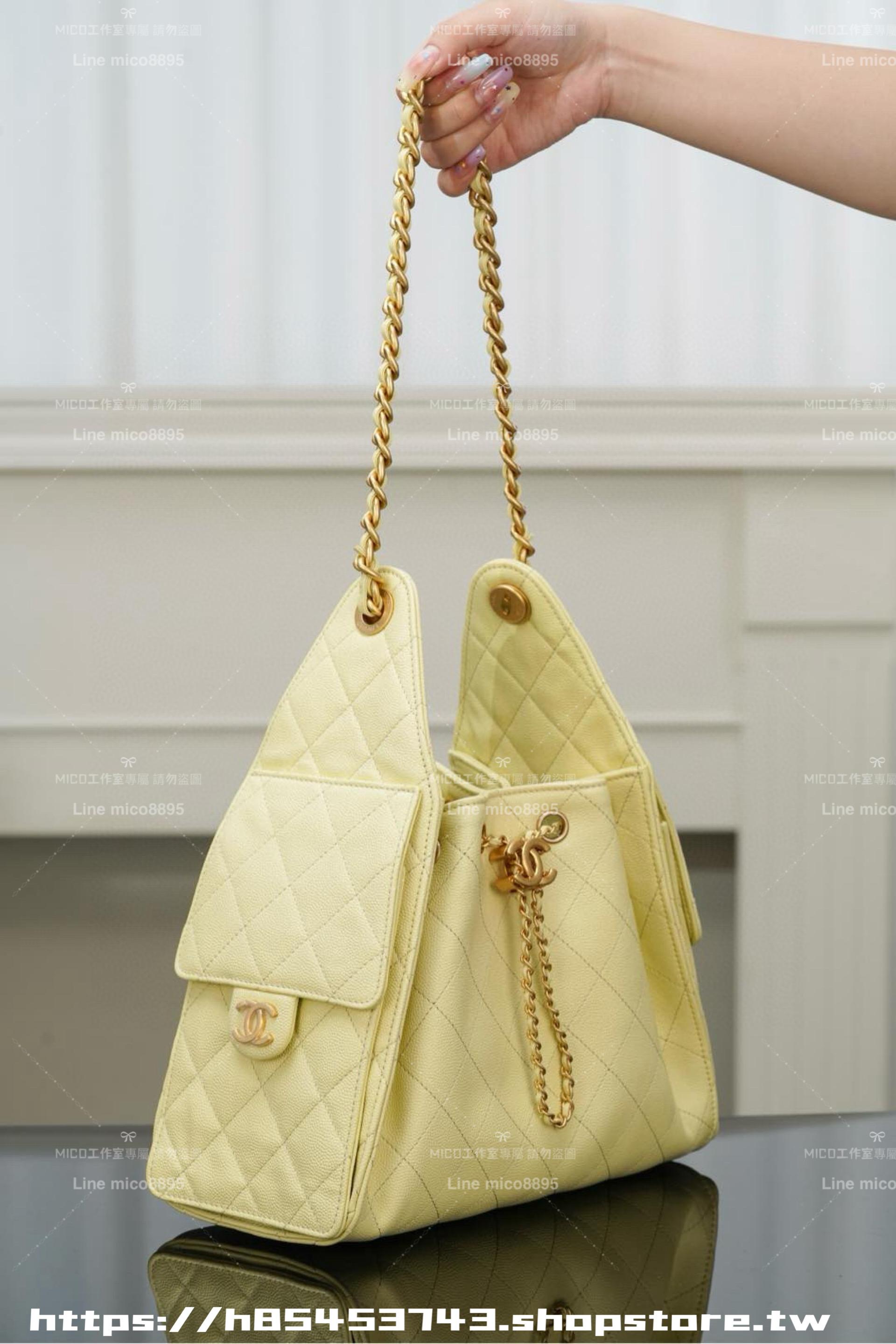 CHANEL 25c 小號25Bag 季節限定色小雞黃魚子醬牛皮金釦水桶包/抽