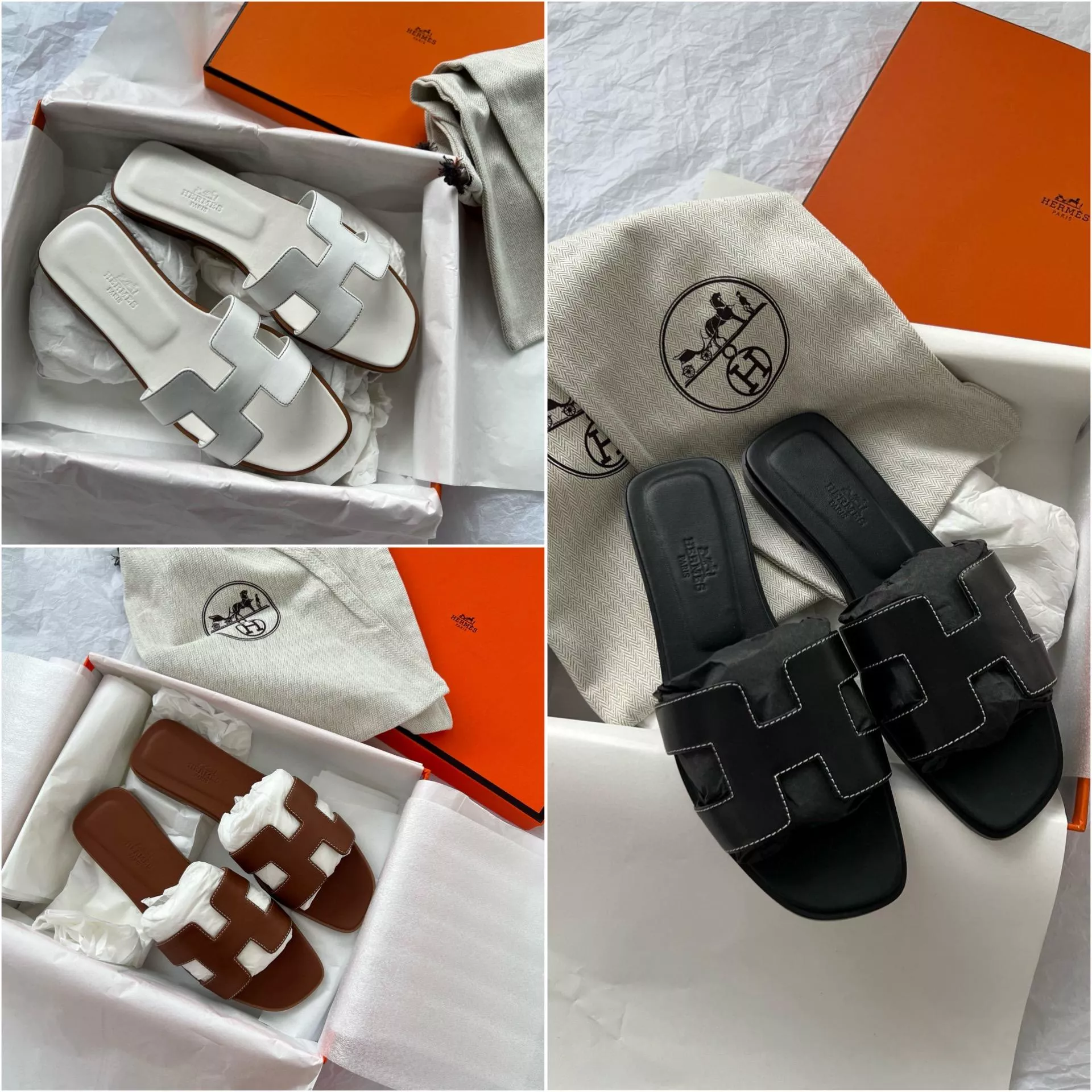 Hermes 愛馬仕｜oran系列 平滑小牛皮 黑色/白色/棕色 平底款 經典涼鞋/拖鞋 H拖鞋 35-40