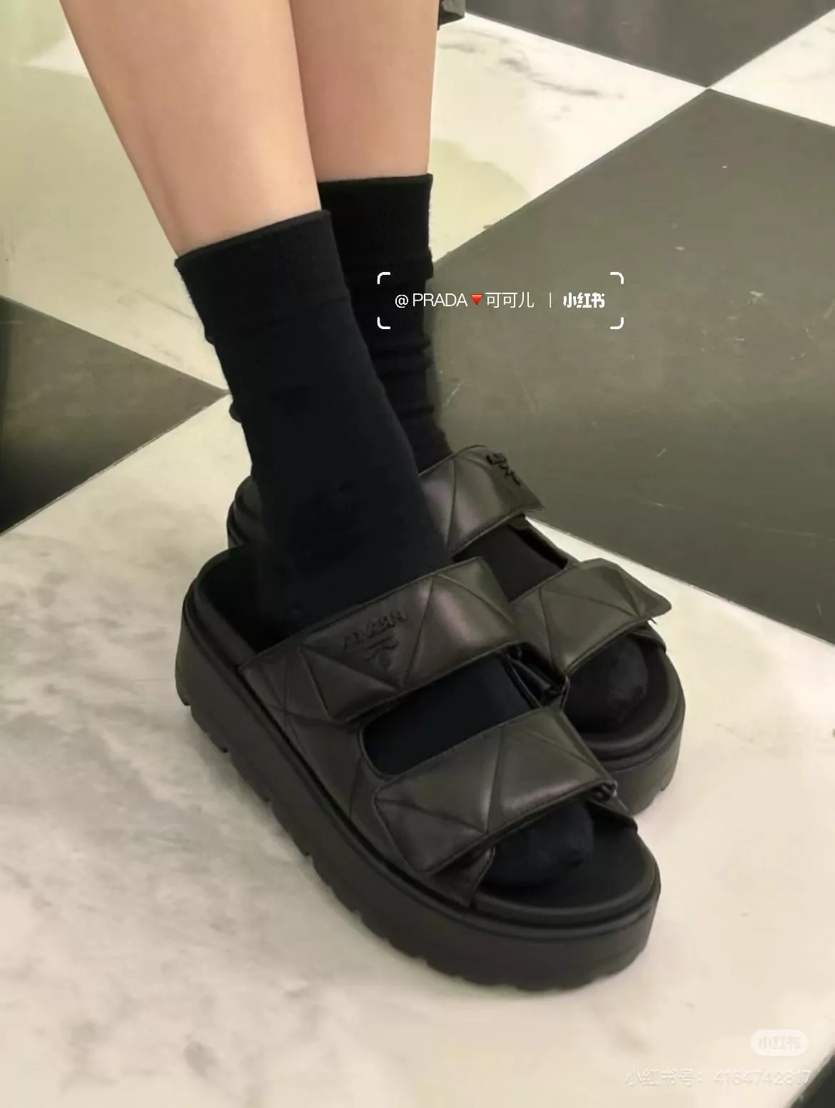 PRADA 小羊皮鞋面厚底鬆糕拖鞋 厚底拖鞋 黑色/白色 底厚5cm