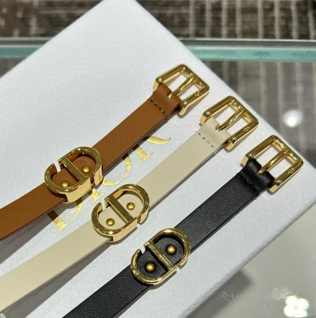 DIOR 1.5cm金釦細版精品感腰帶｜真皮牛皮 黑色/棕色/白色