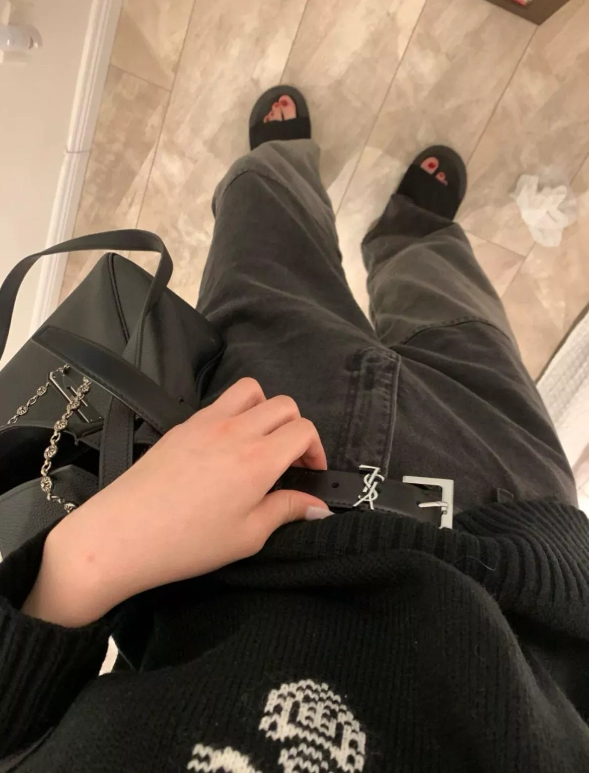 YSL 字母設計釦頭 寬3.0 2.0｜黑色真皮 銀色釦頭 皮帶