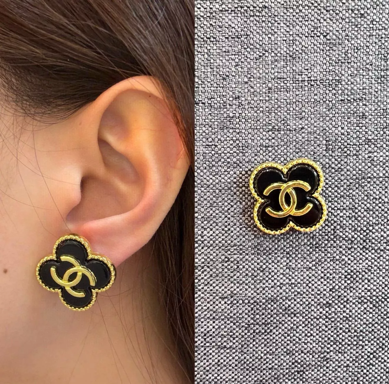 CHANEL 日常佩戴款 【復古四葉草耳釘】黑金配色・典藏版雕邊質感飾品