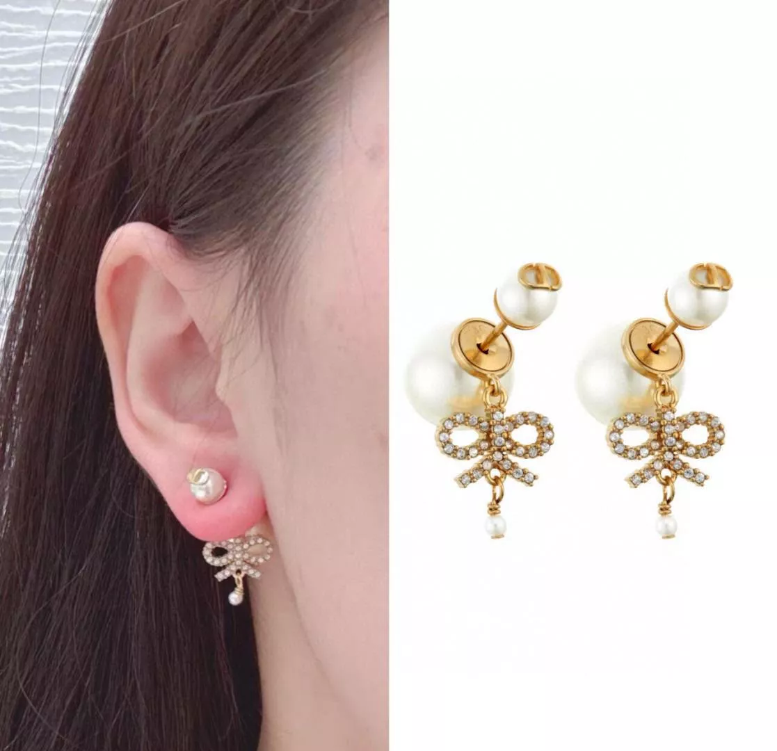 DIOR 2025夏季限量【滿鑽蝴蝶結雙珠耳環】・溫柔系百搭首選