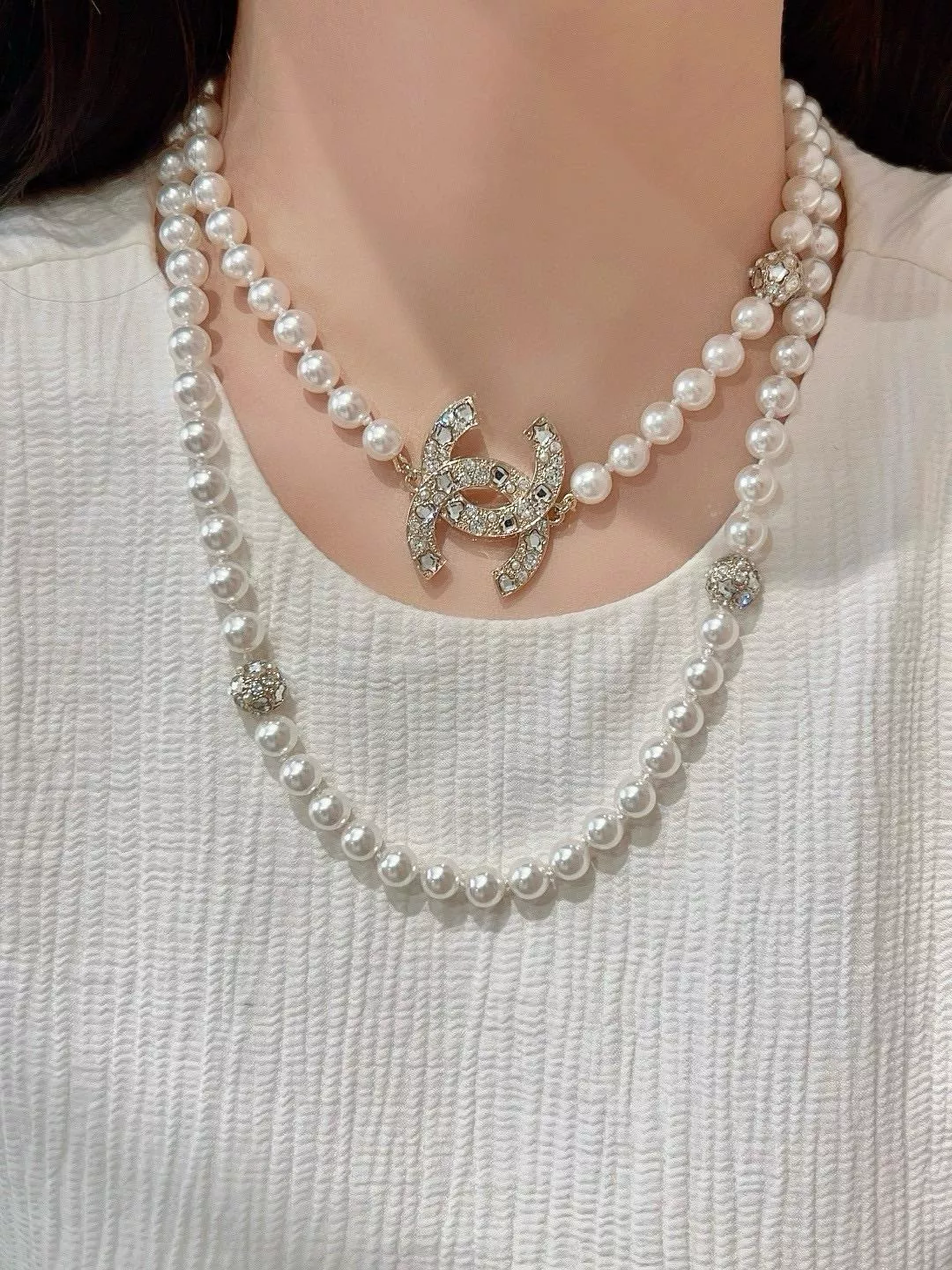 CHANEL 25春夏限定【心星鑽雙C珍珠長鍊】毛衣鏈・雙層設計經典款