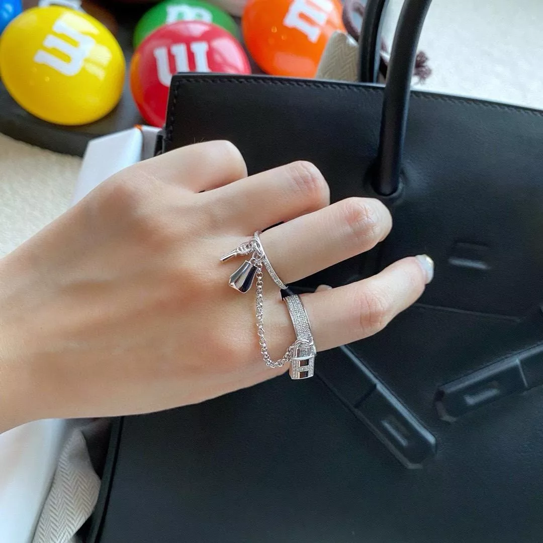 HERMES Kelly Clochette 銀飾雙戒連鍊造型戒指｜四碼可選｜純銀材質