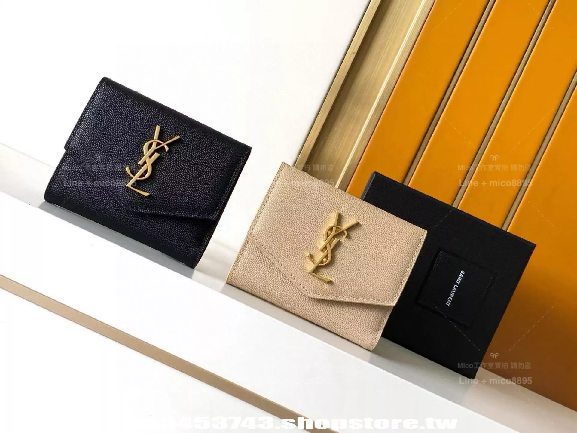 YSL 杏色/黑色 SLP三折短夾｜球紋牛皮｜簡約質感設計