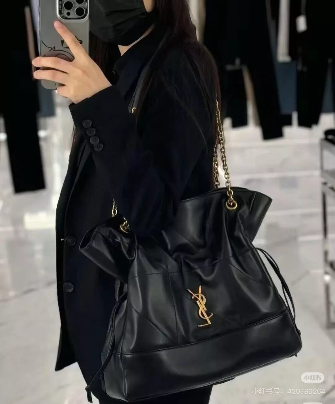 YSL Jamie購物袋 4.3 福袋包 大號黑色｜羊皮抽繩設計｜可放筆電