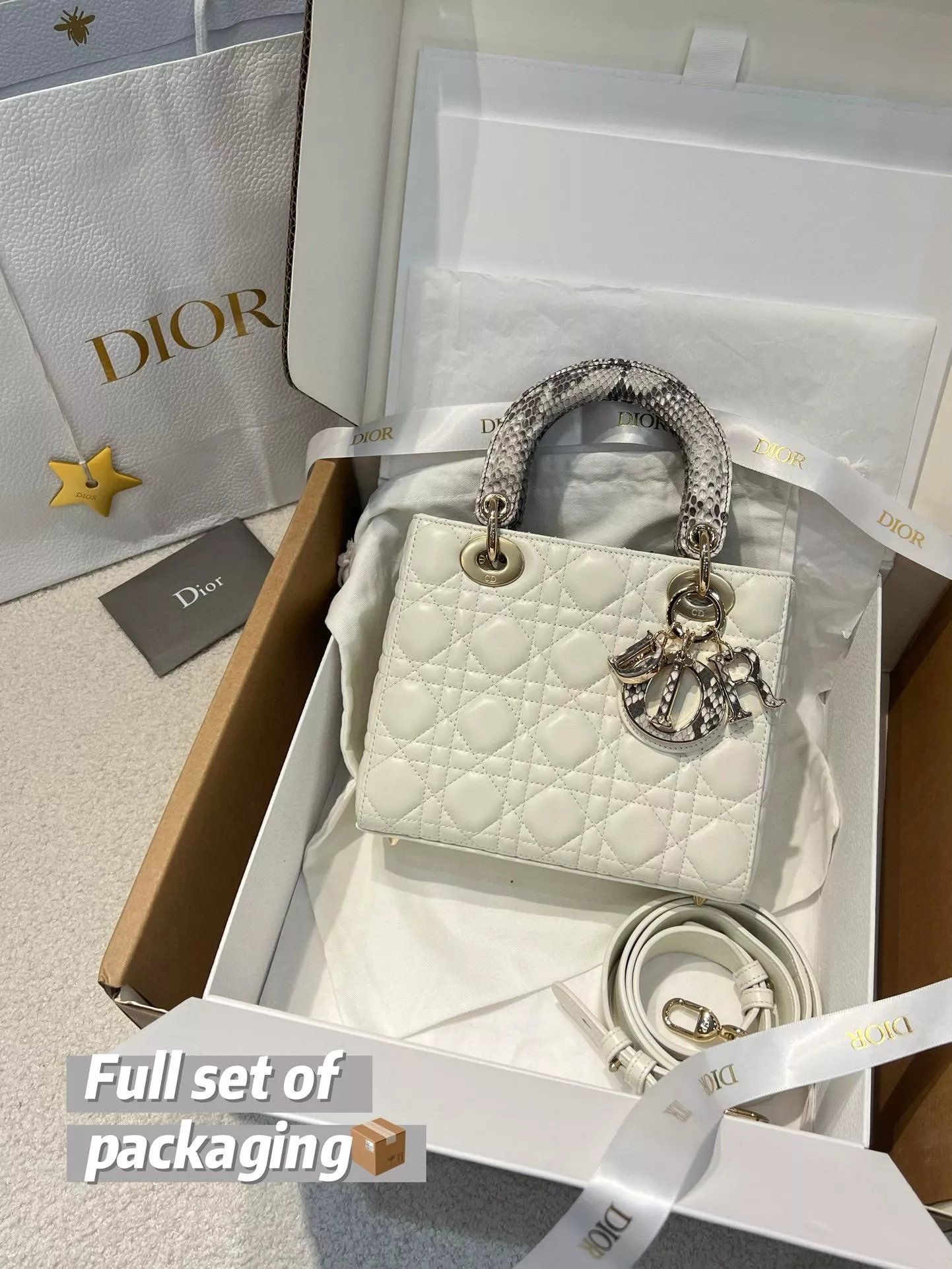 Lady Dior my ABCDior｜拼接蛇皮手柄・白色羊皮菱格・20cm｜高級限定款