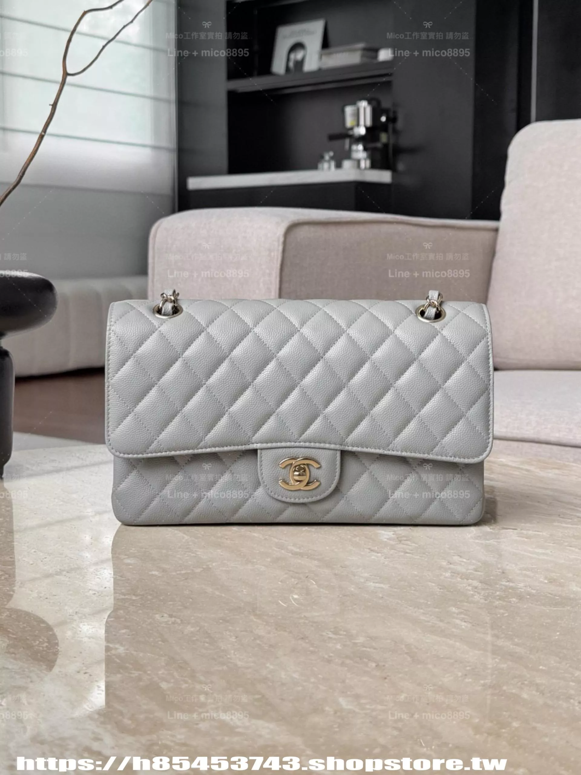 CHANEL 淺灰荔枝牛皮/淡釦 Clssic Flap 中號CF 經典口蓋包 25cm