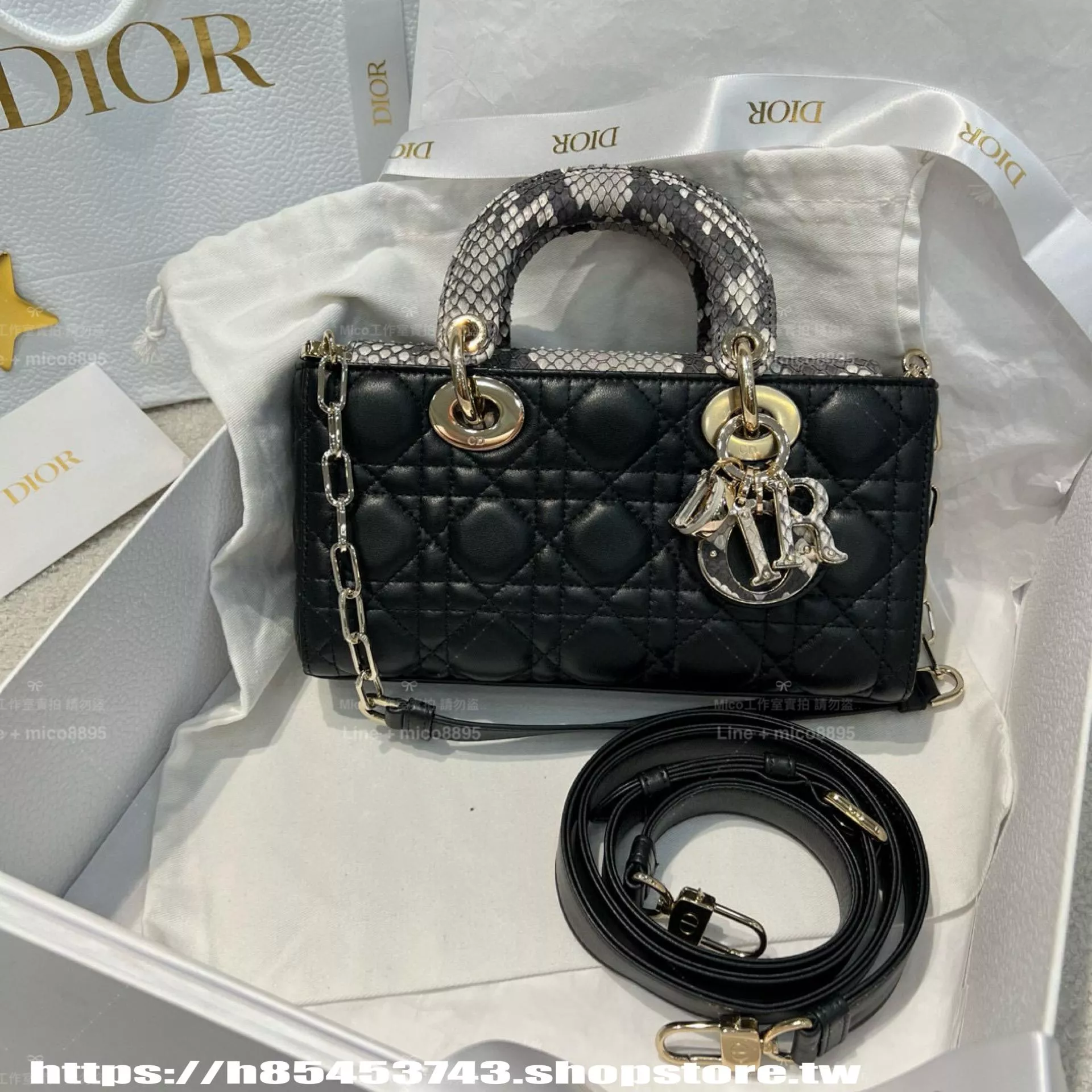 Lady D-Joy 橫版戴妃包｜拼接蛇皮手柄・黑色羊皮菱格・22cm｜