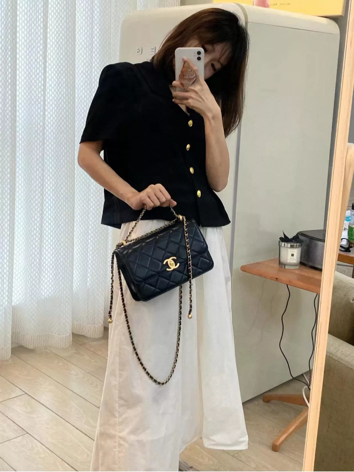 CHANEL 24C 雙金球黑色小包｜光面小牛皮｜22cm