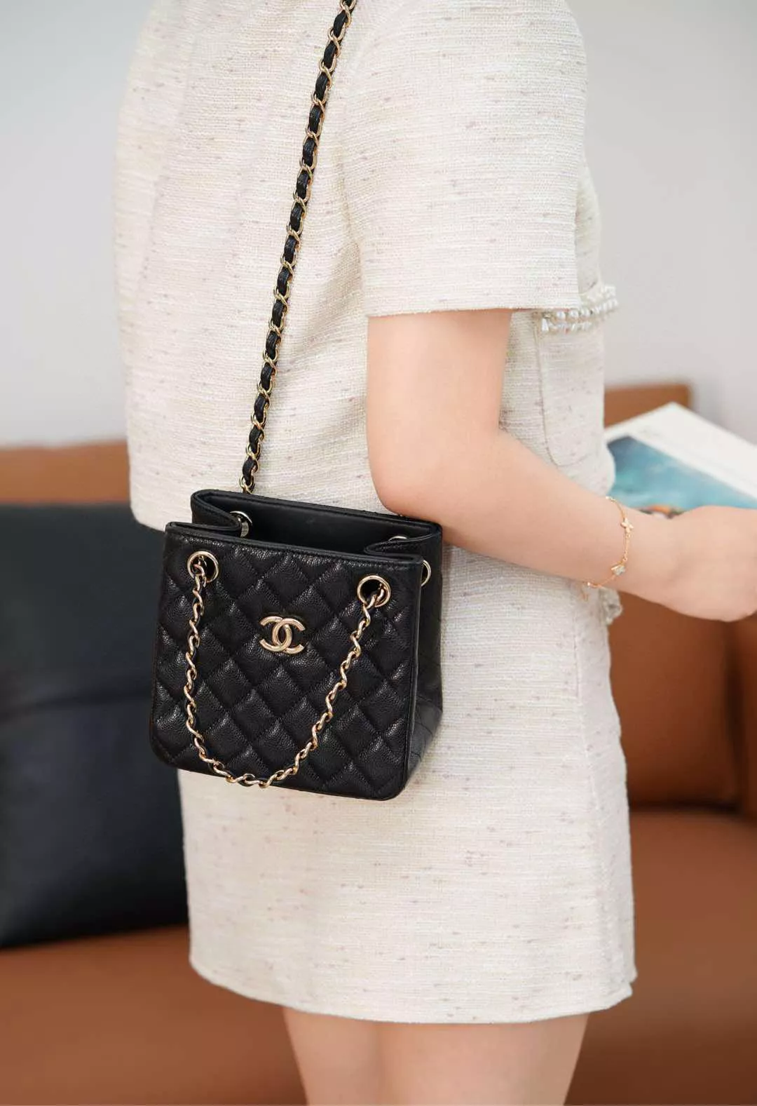 CHANEL 25c mini荔枝牛皮小托特包｜黑金鍊條款｜輕巧百搭芯片版 16cm