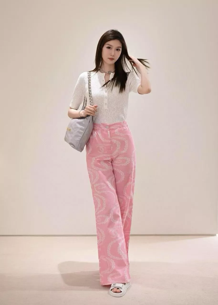 Chanel 粉色 Coco Beach竹節棉定位LOGO印花寬褲