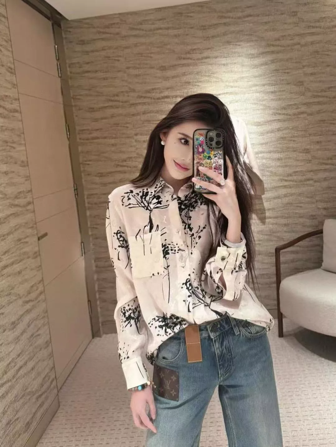 LV 極簡樹影定制真絲襯衫・定位印花提花設計・100%桑蠶絲・藝術風長版剪裁・36-40碼