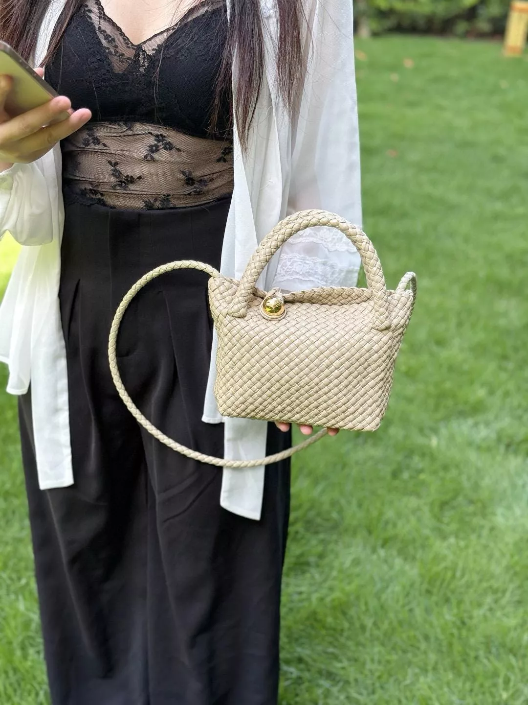 BV 奶油米・20cm Tosca mini 編織小包・頂級球扣設計・20cm