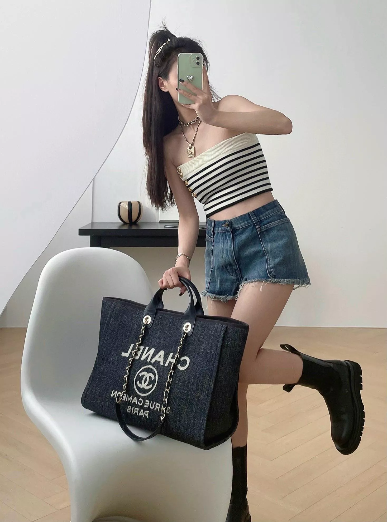 CHANEL 牛仔風托特包大號39cm・大容量沙灘包・皮革手提肩背兩用