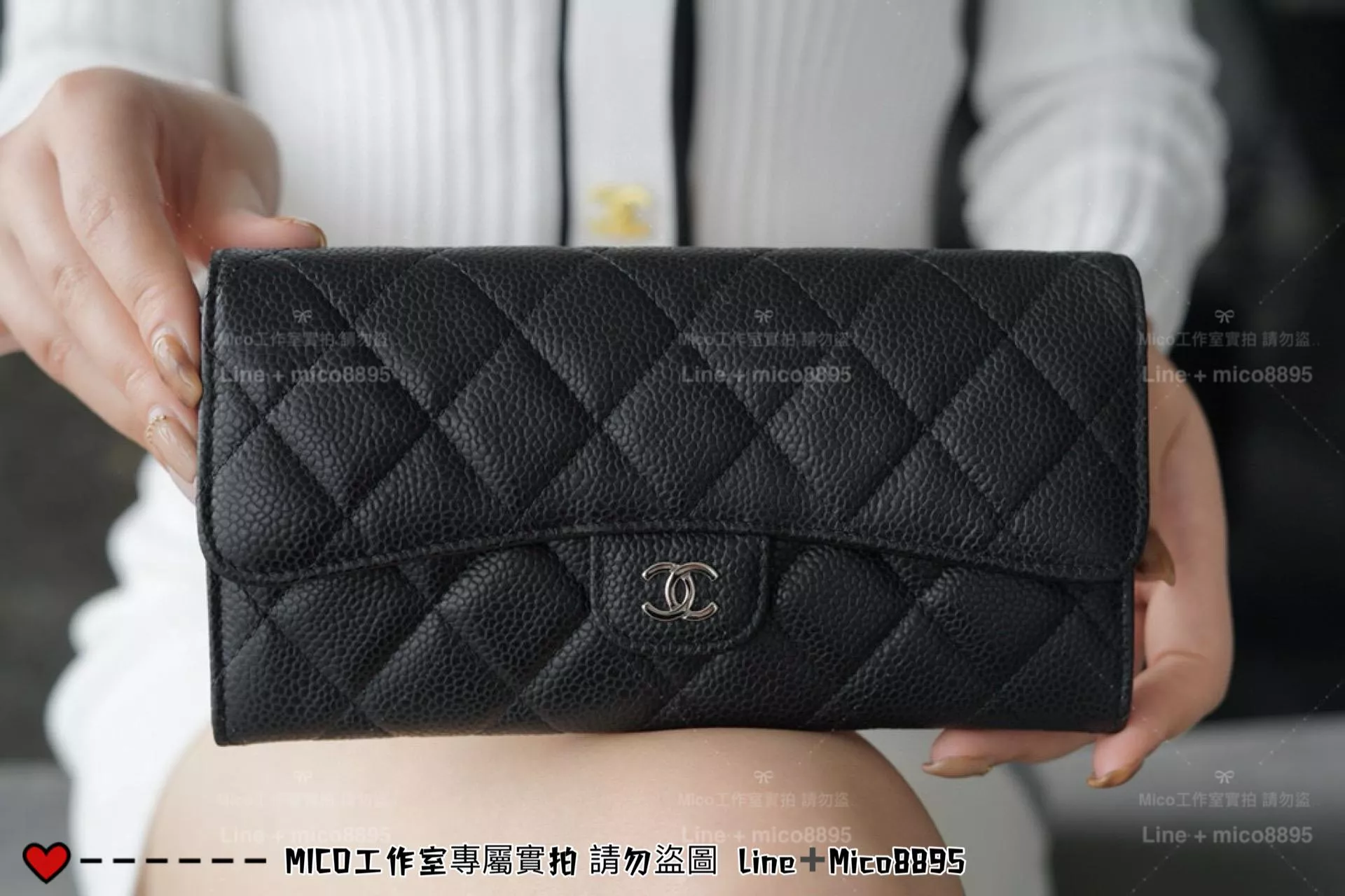 CHANEL 經典Classic Flap 兩折長夾｜黑牛銀 荔枝皮革
