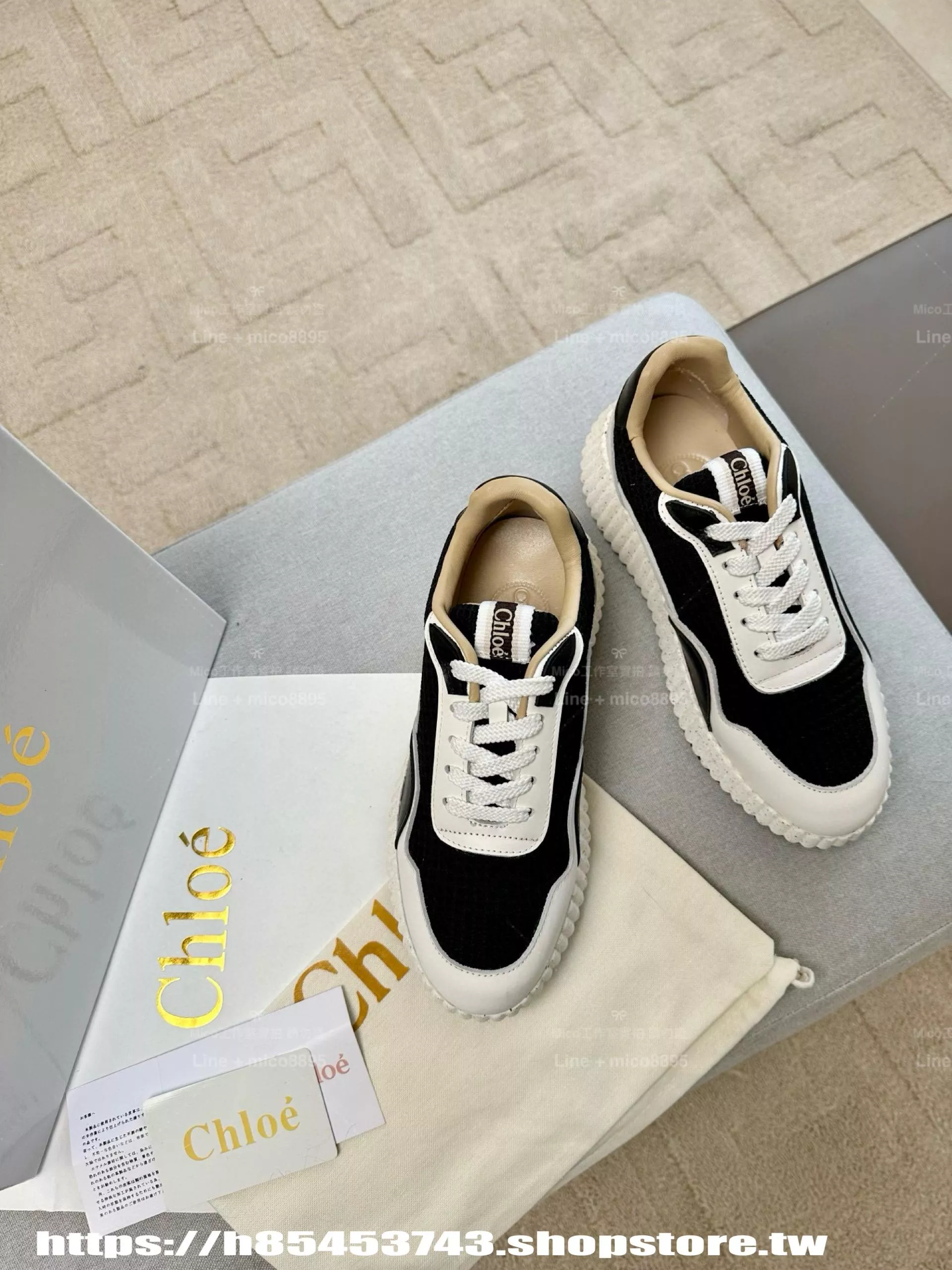 Chloe 黑白 mama 手工縫線增高休閒鞋｜法式時尚風厚底設計｜4.2cm輕量大底