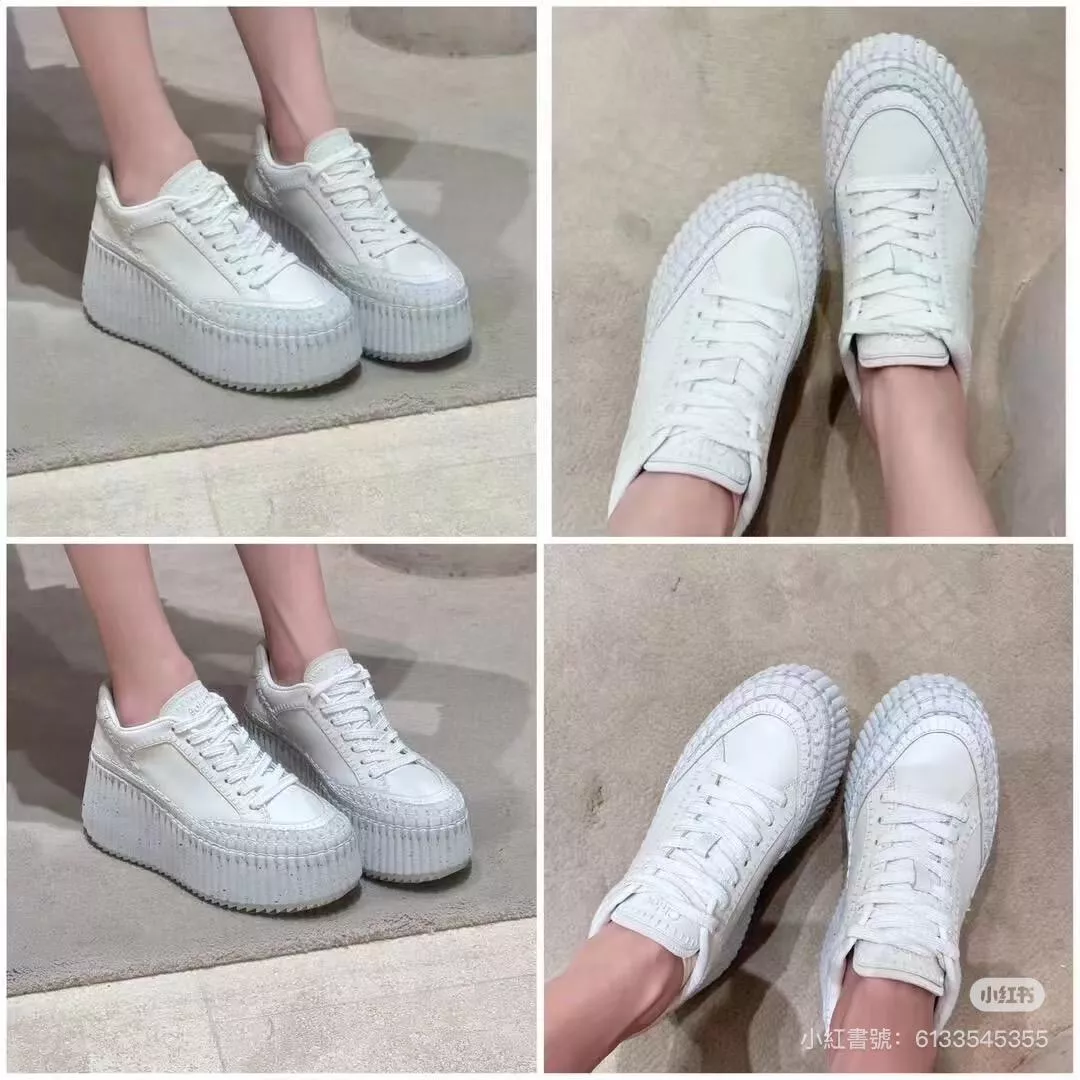 Chloe mama 白色手工縫線拼接厚底休閒鞋｜牛皮牛筋撞色設計｜增高約6cm