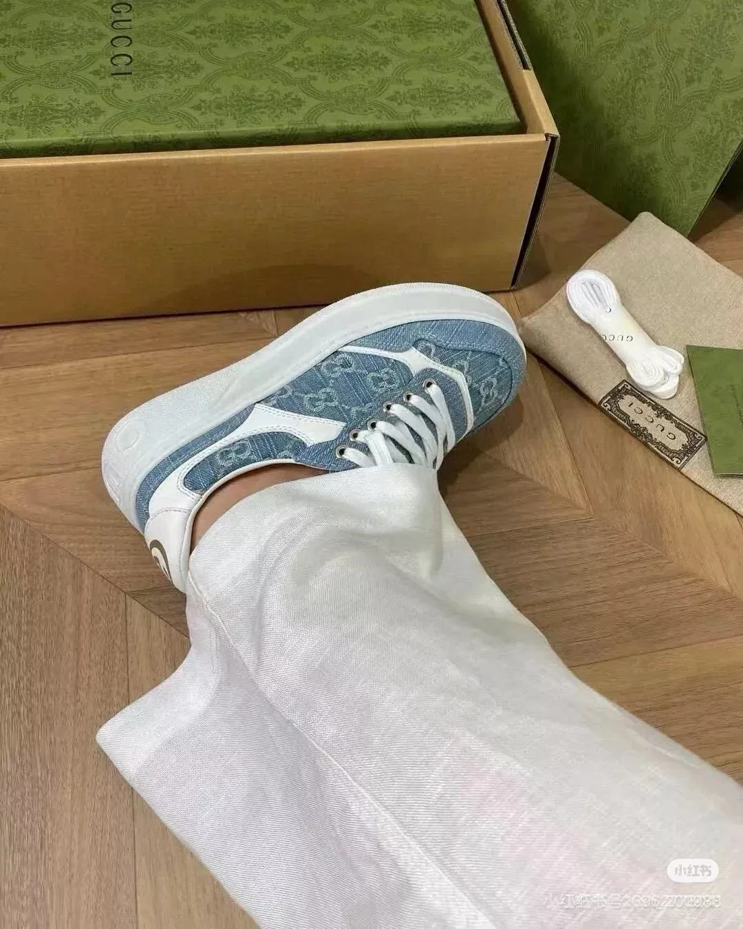 GUCCI 【復古丹寧款】經典厚底老花運動鞋 鬆糕鞋・水洗牛仔拼皮設計・男鞋/女鞋 大碼