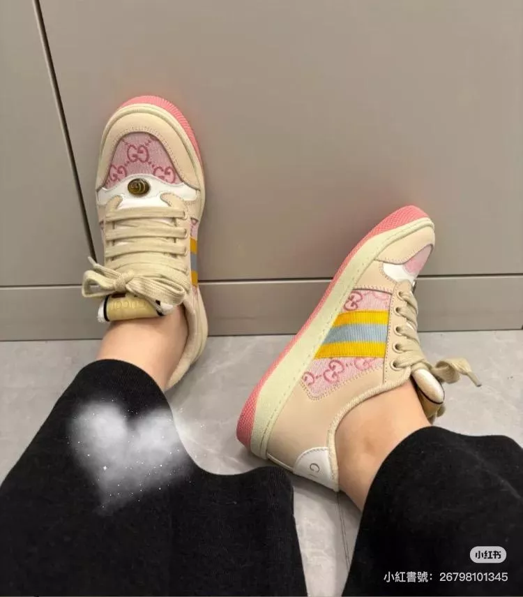 GUCCI 【粉色帆布拼接皮革】經典髒髒鞋系列 Screener Sneakers 休閒鞋・