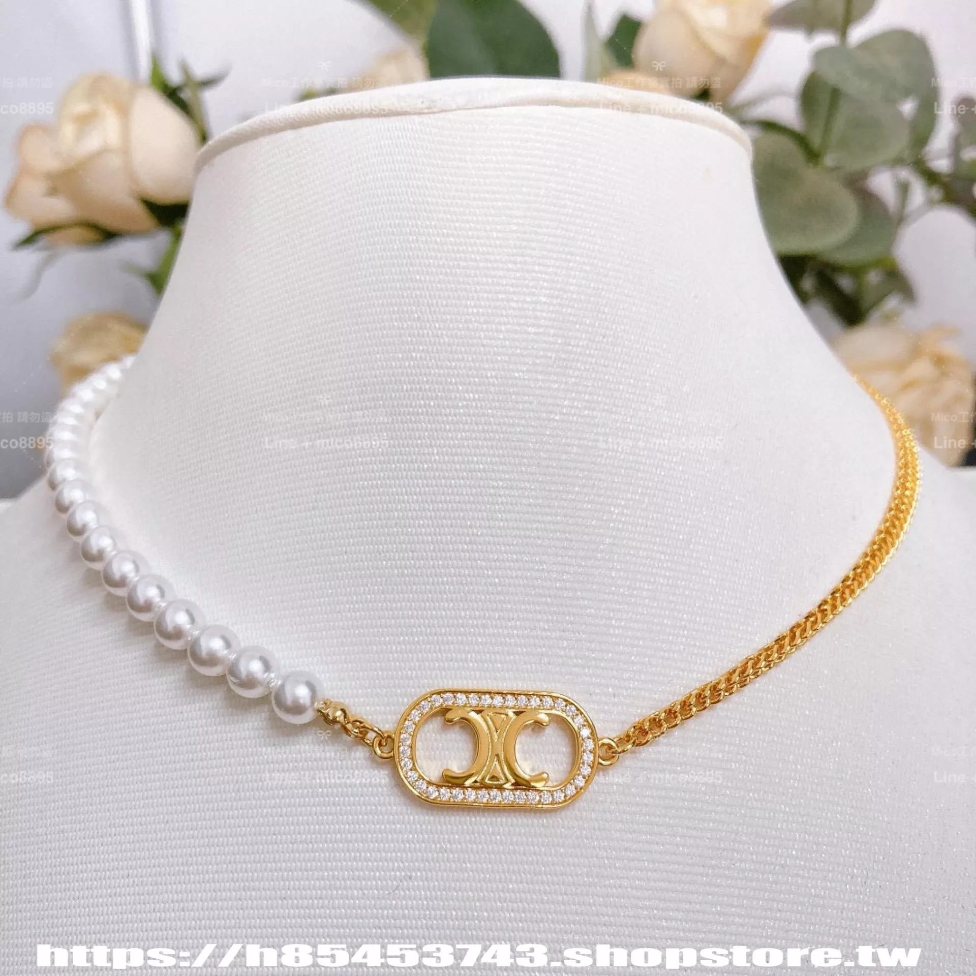 CELINE 雙拼項鍊｜凱旋門浮雕珍珠鍊條飾品｜厚鍍真金＋晶鑽點綴
