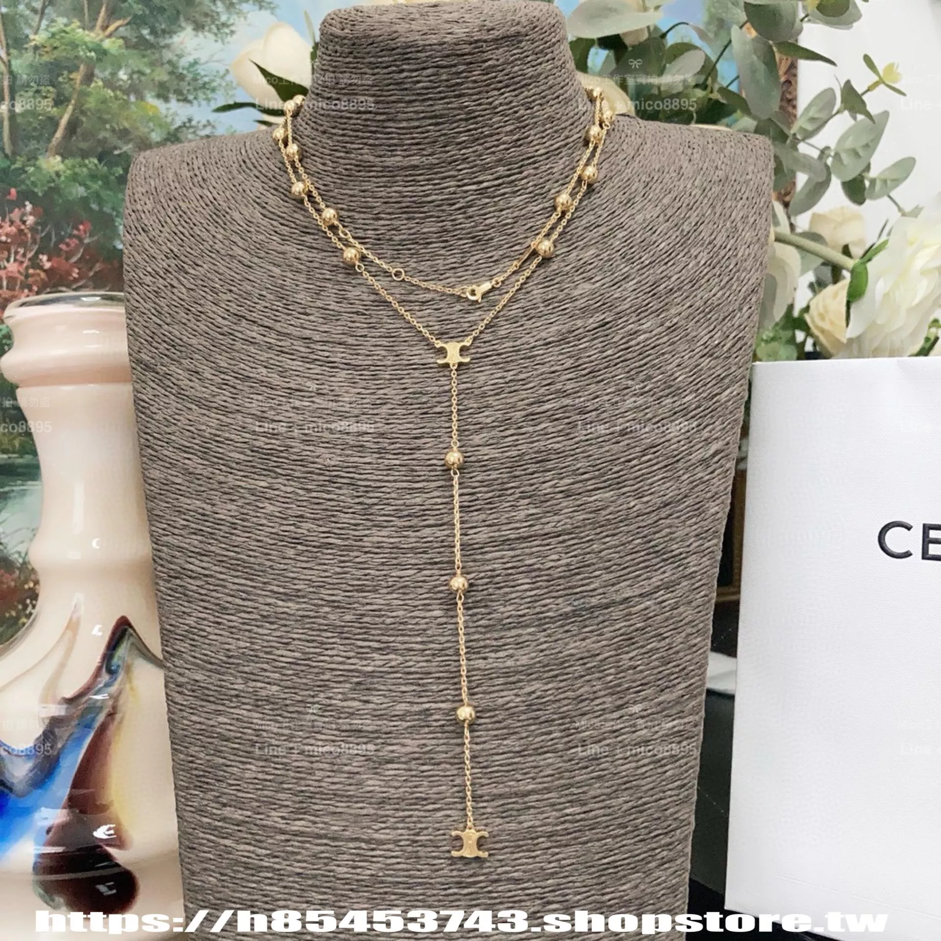 CELINE TRIOMPHE FOLK 金色凱旋門金珠長鏈 毛衣鏈 凱旋門垂墜Y字設