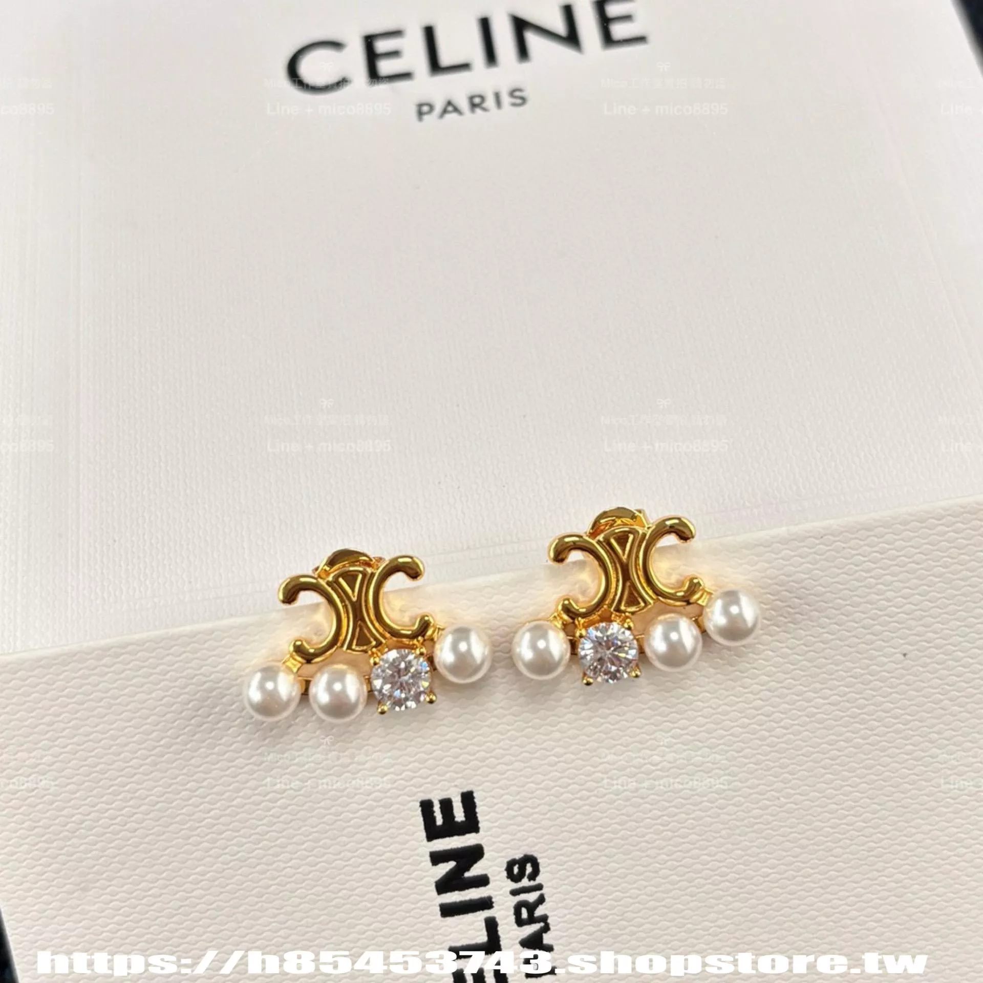CELINE TRIOMPHE 金色凱旋門珍珠拼鑽耳釘