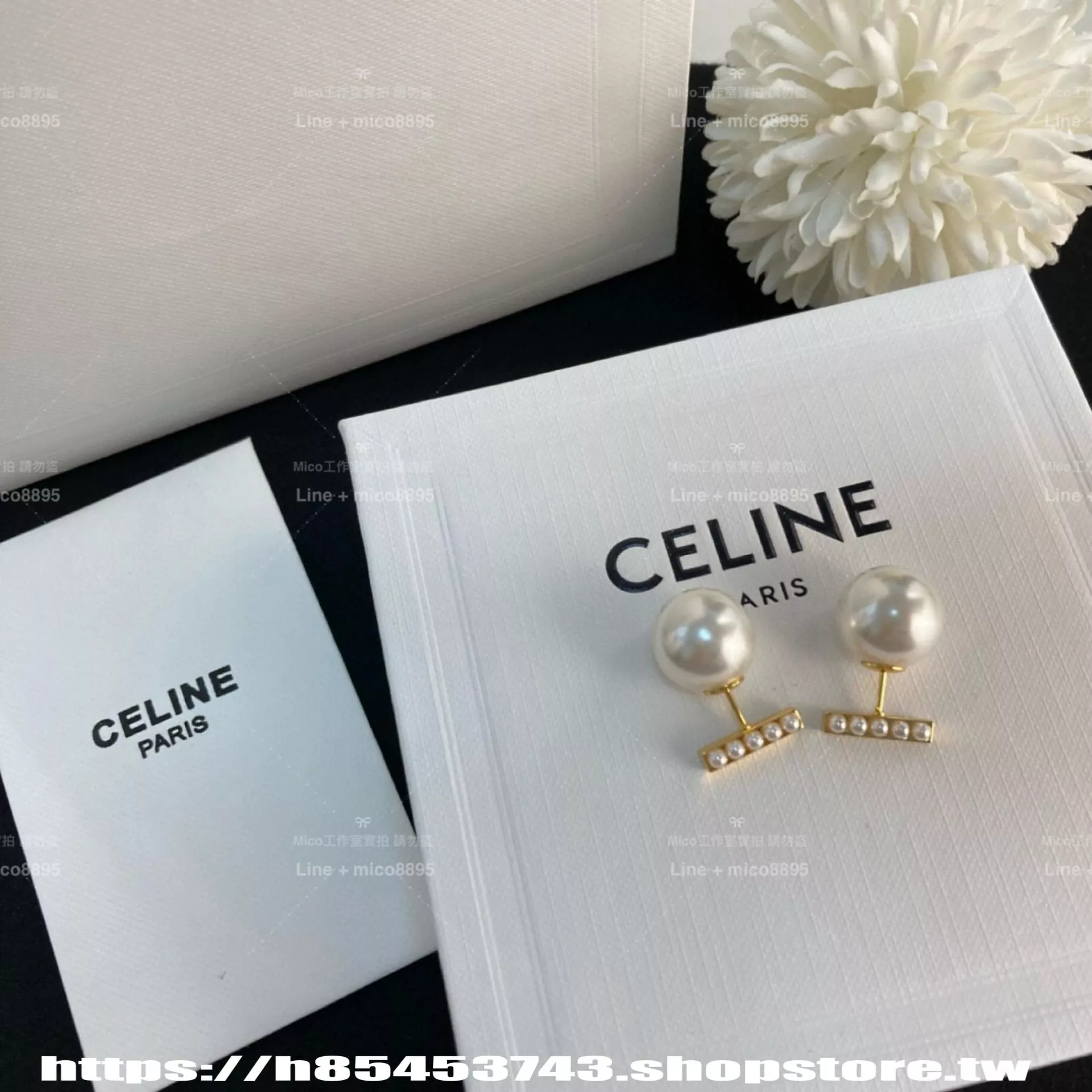 CELINE 不對稱珍珠耳釘｜金屬平衡木設計｜極簡高級感