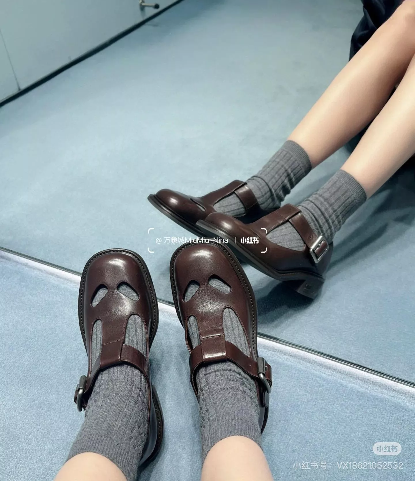 Miumiu 學院風 棕色 春夏鏤空T帶厚底瑪麗珍女鞋 復古增高牛津鞋