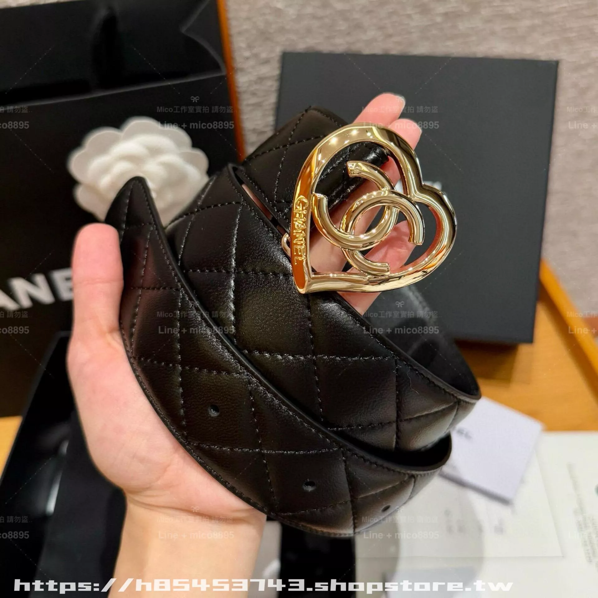 CHANEL 桃心菱格羊皮金屬扣腰帶 黑色 3.8cm