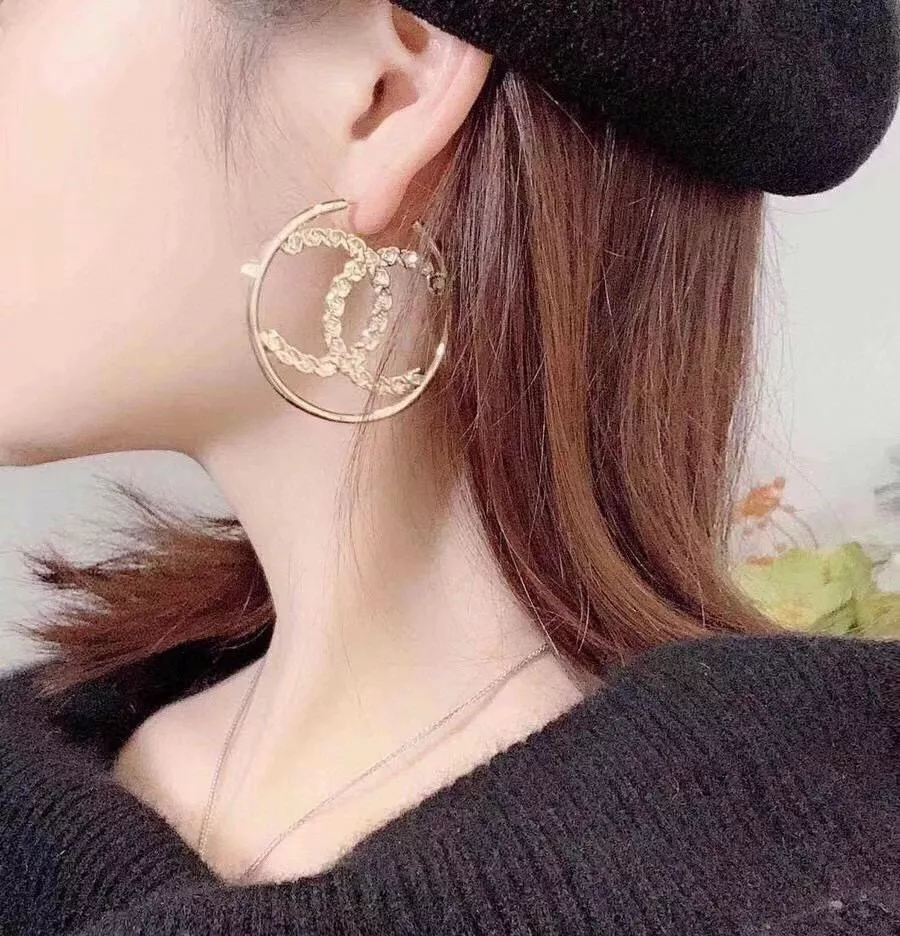 香檳金滿鑽編織圈圈耳環 雙C大耳圈