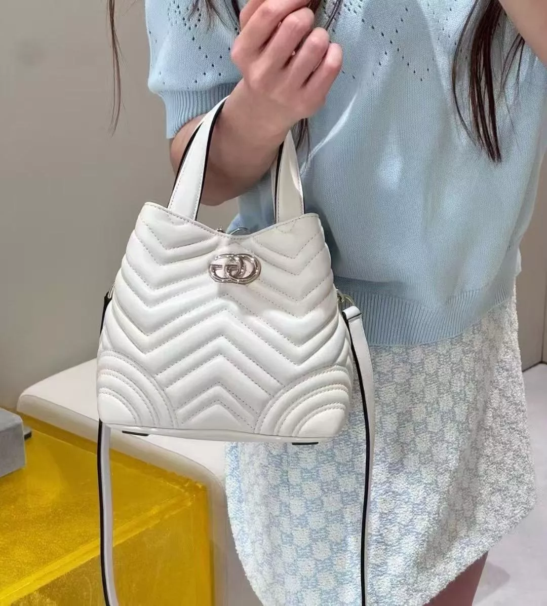 Gucci Marmont 白色純色牛皮托特包 18cm 小號（847386）