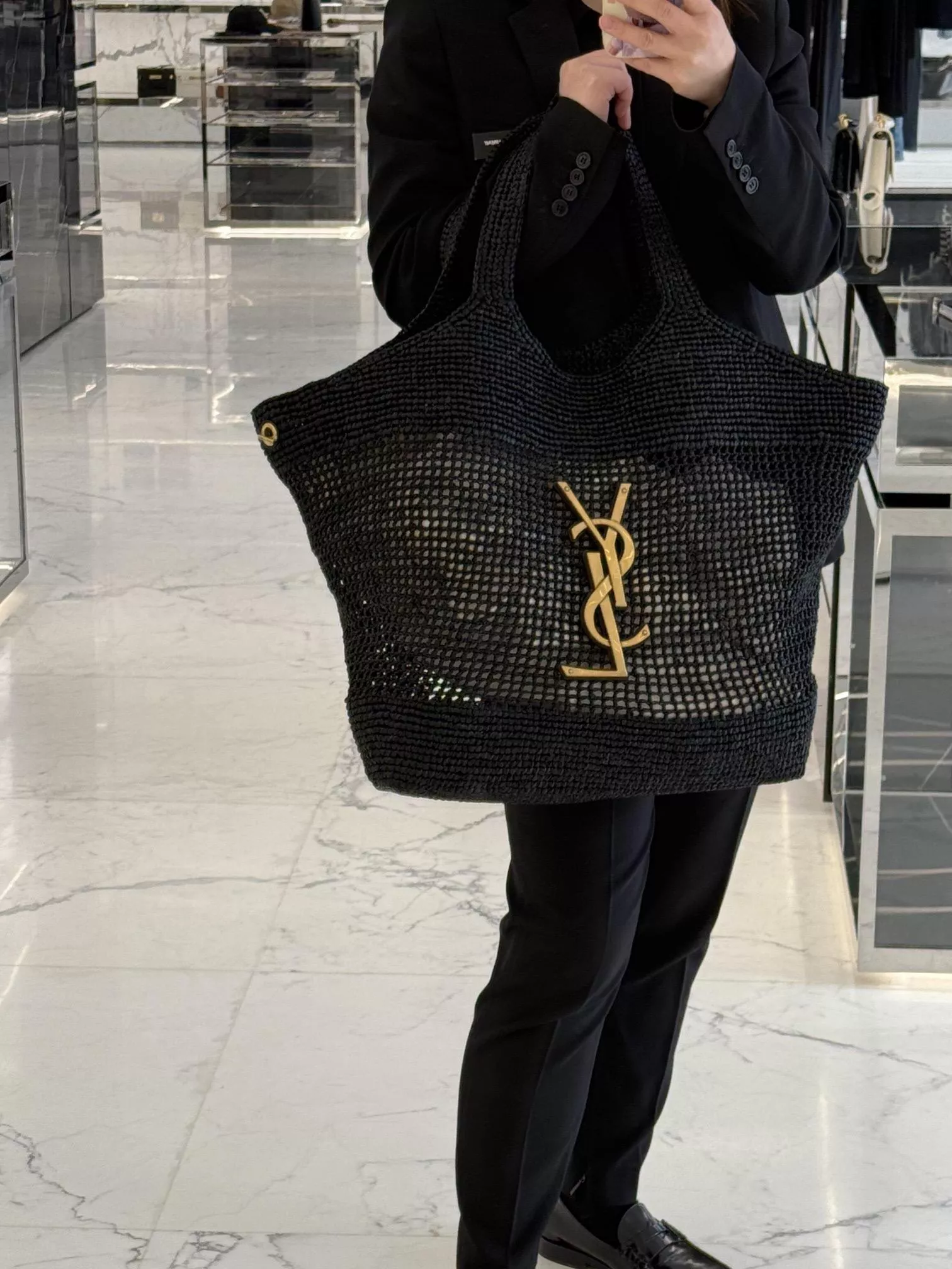 YSL Icare 黑色 拉菲草編織包 度假感滿滿・大容量可折疊托特包｜55cm夏季限定款